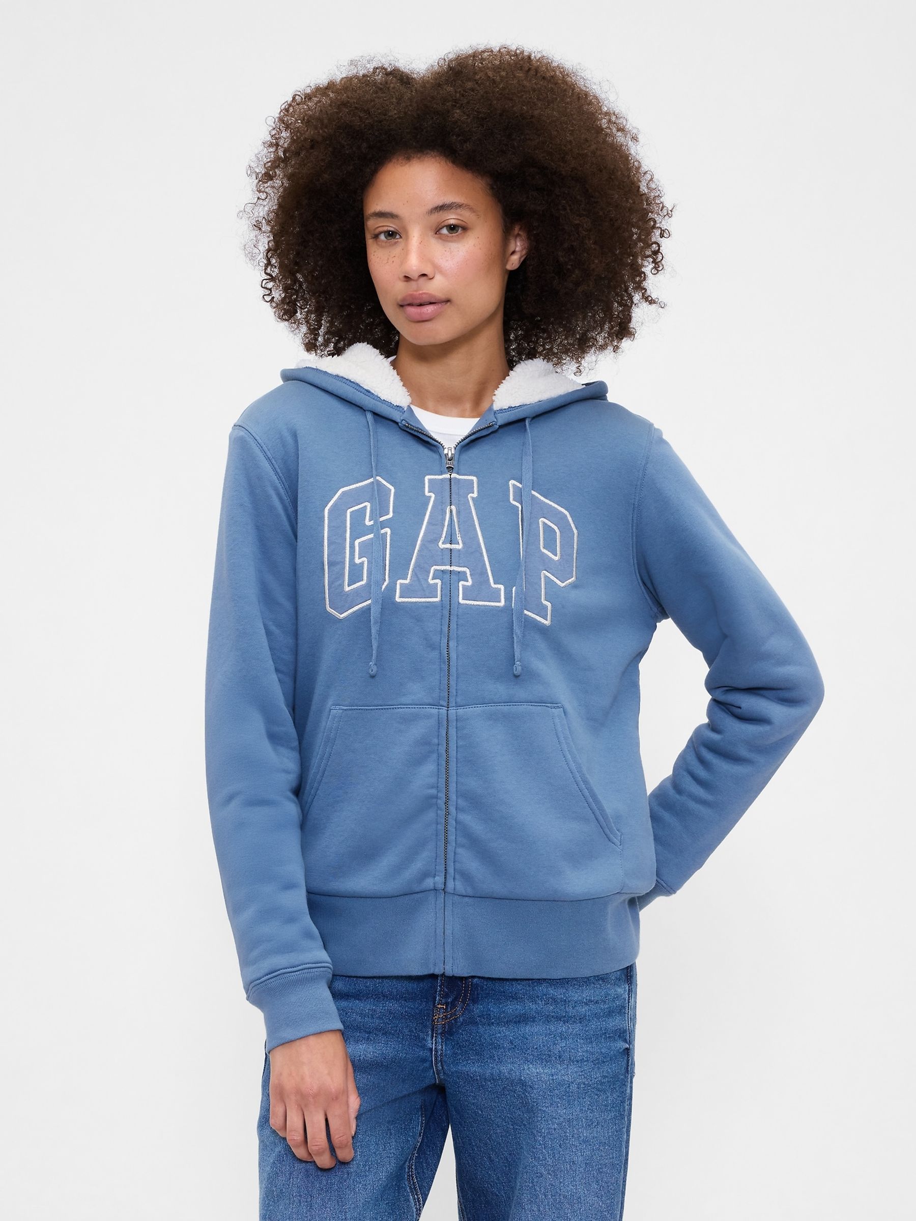 Blue Relaxed Logo Sherpa-Lined Zip Hoodie - Image 1 of 4