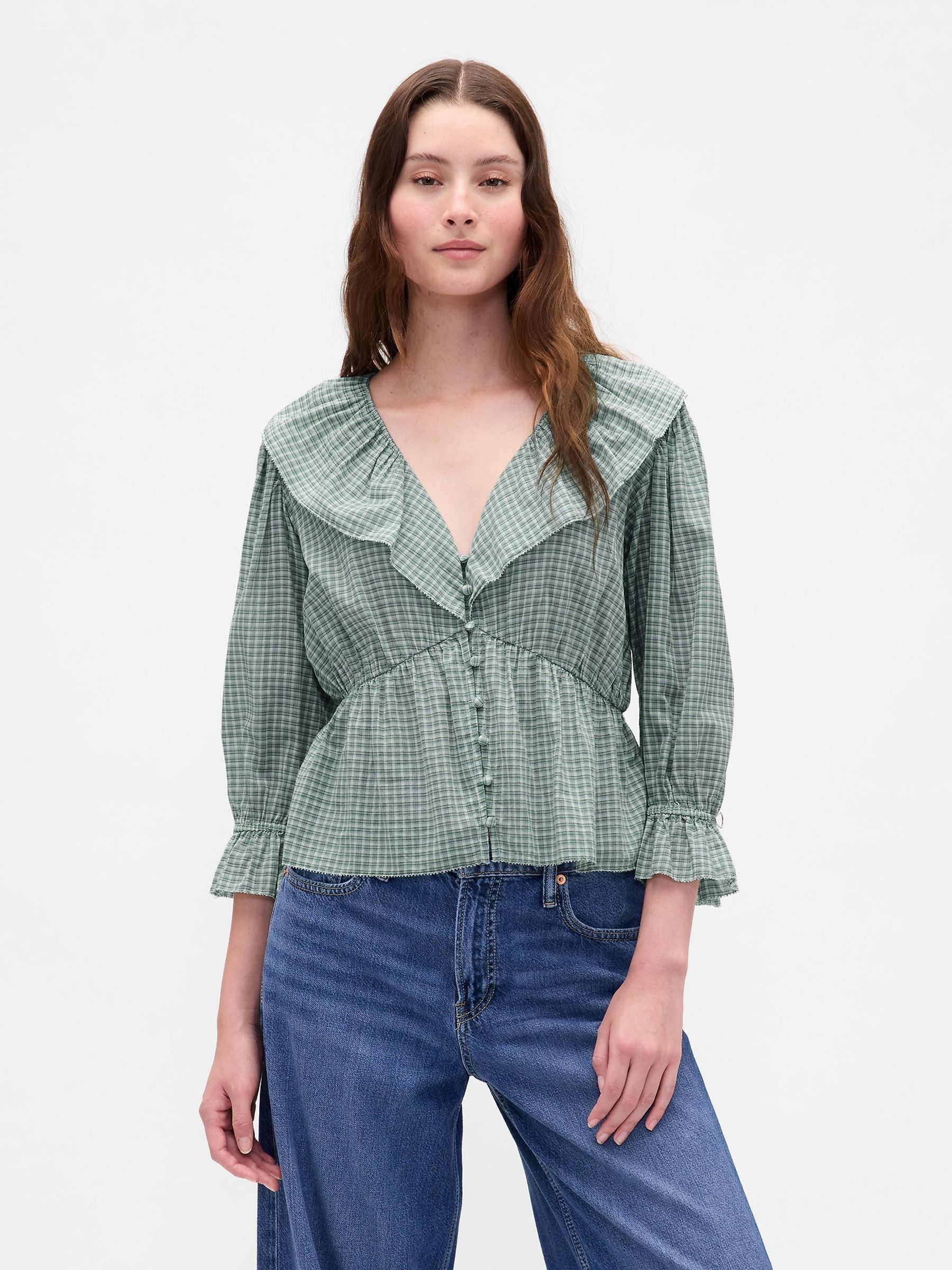 Green Ruffle Collar V-Neck Top - Image 1 of 4