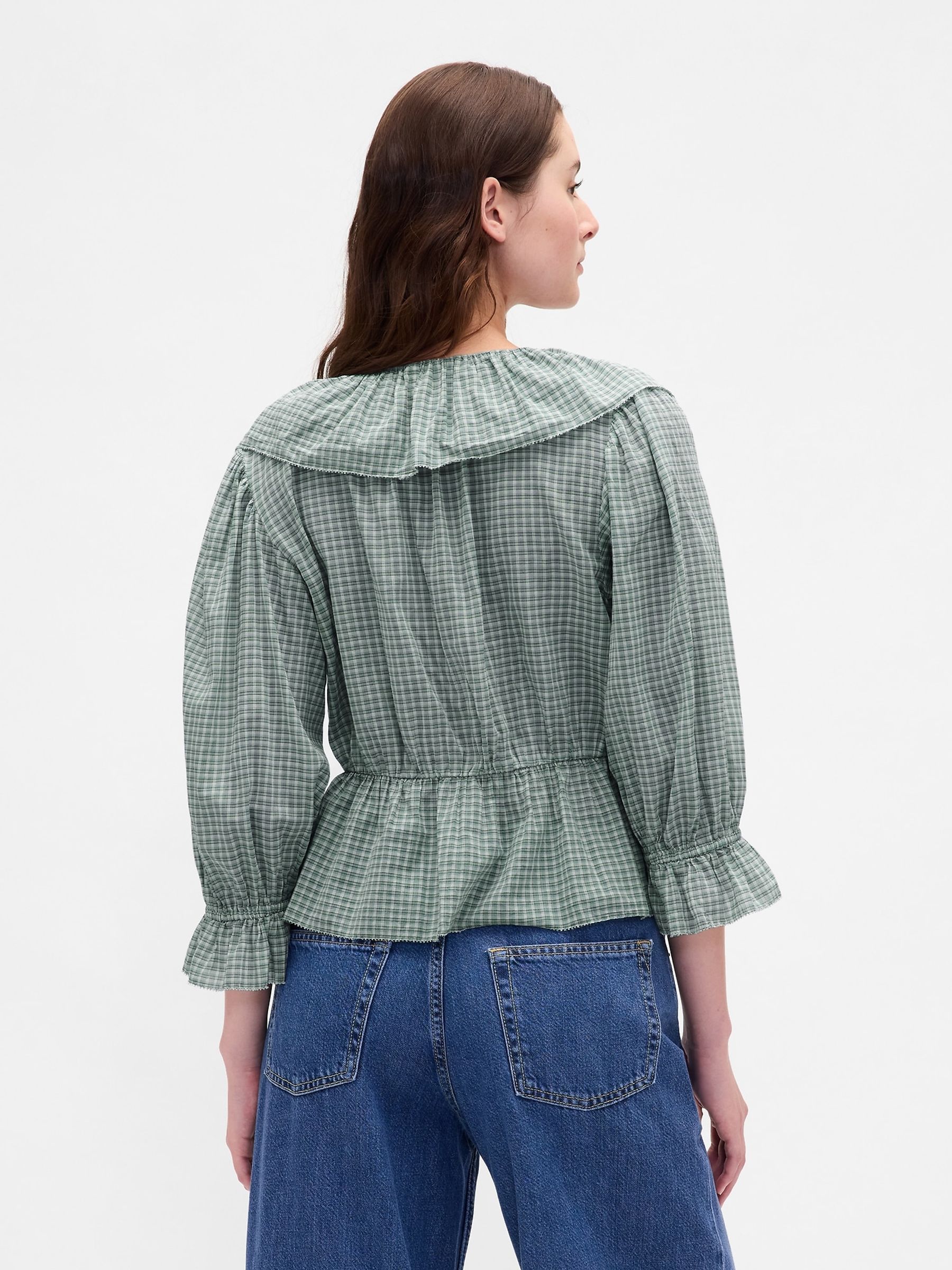 Green Ruffle Collar V-Neck Top - Image 2 of 4