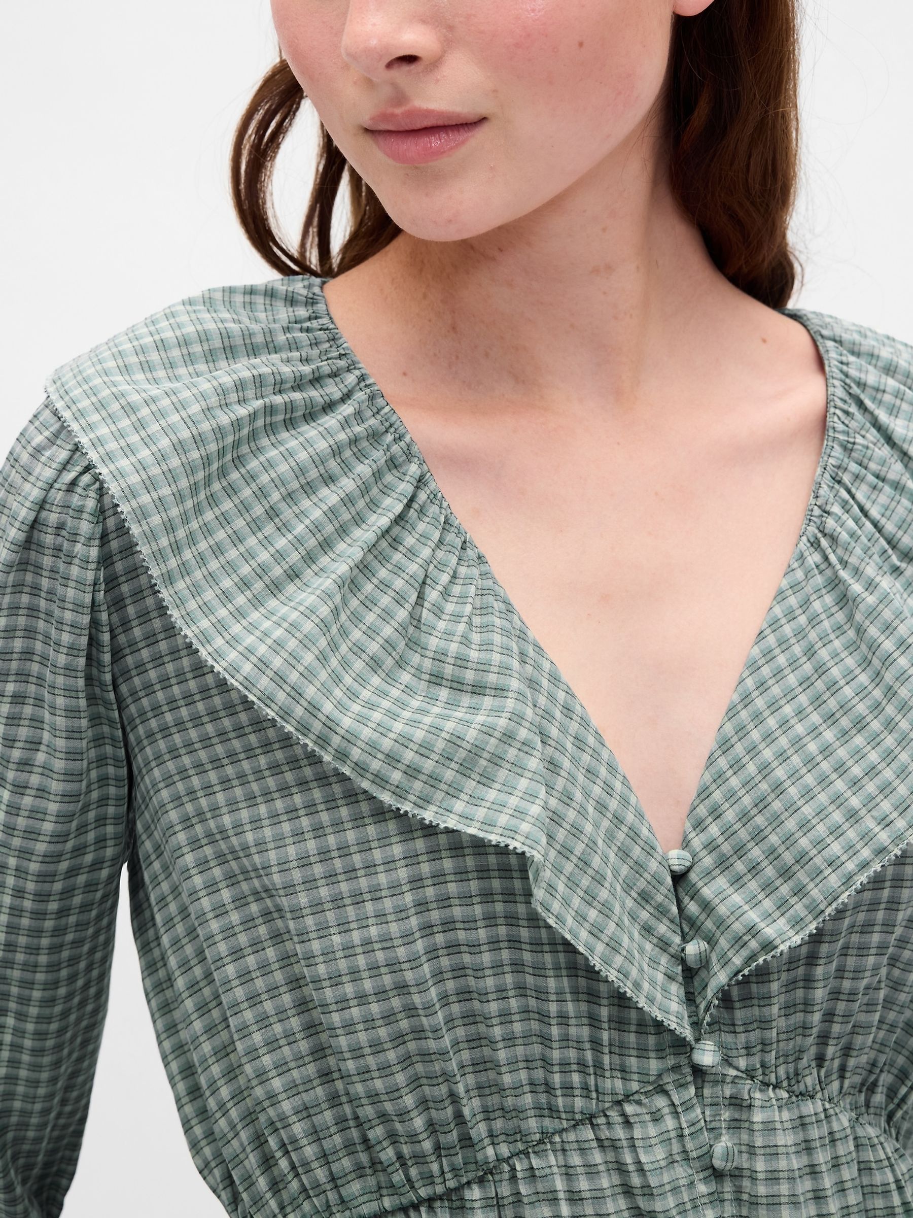 Green Ruffle Collar V-Neck Top - Image 4 of 4