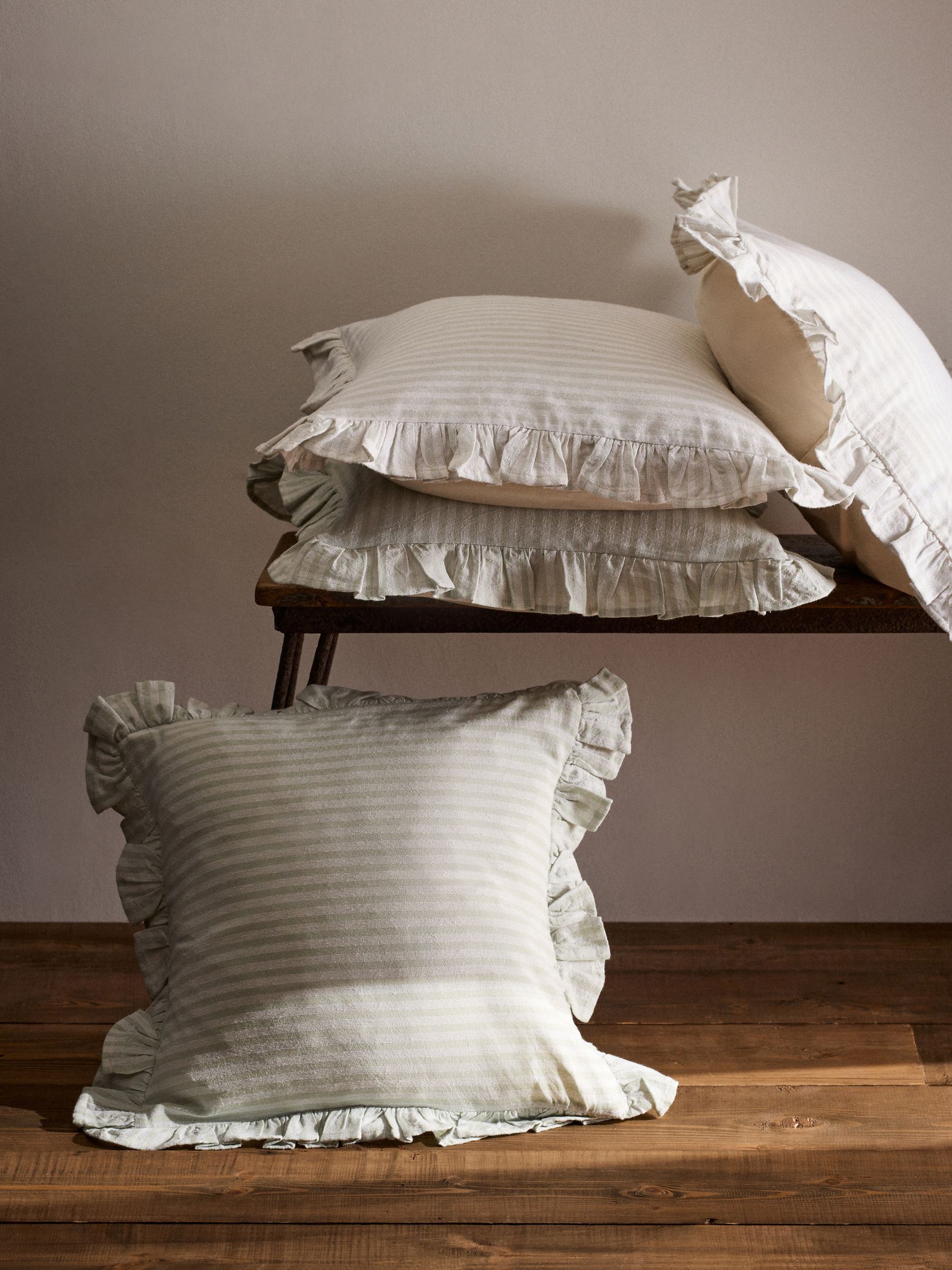 4 Pack Green Stripe Ruffle Cotton Cushion Covers - Image 1 of 4