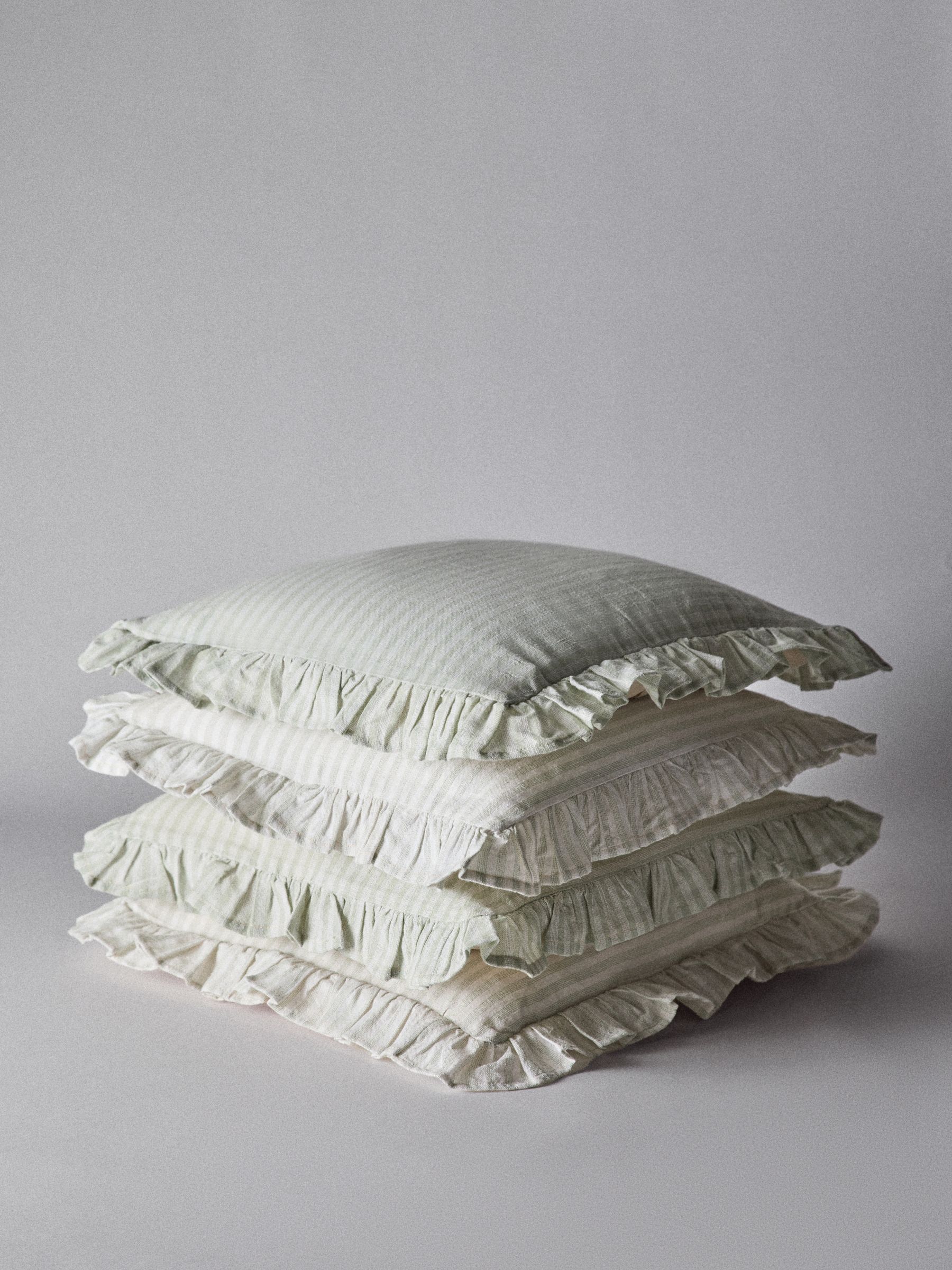4 Pack Green Stripe Ruffle Cotton Cushion Covers - Image 2 of 4