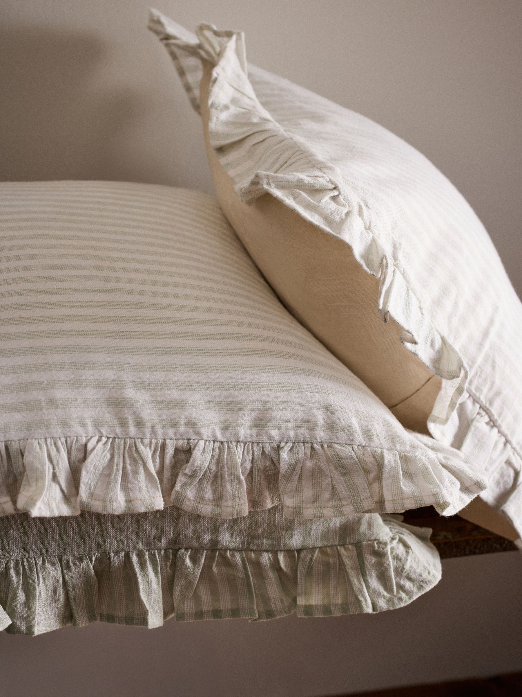 4 Pack Green Stripe Ruffle Cotton Cushion Covers - Image 3 of 4