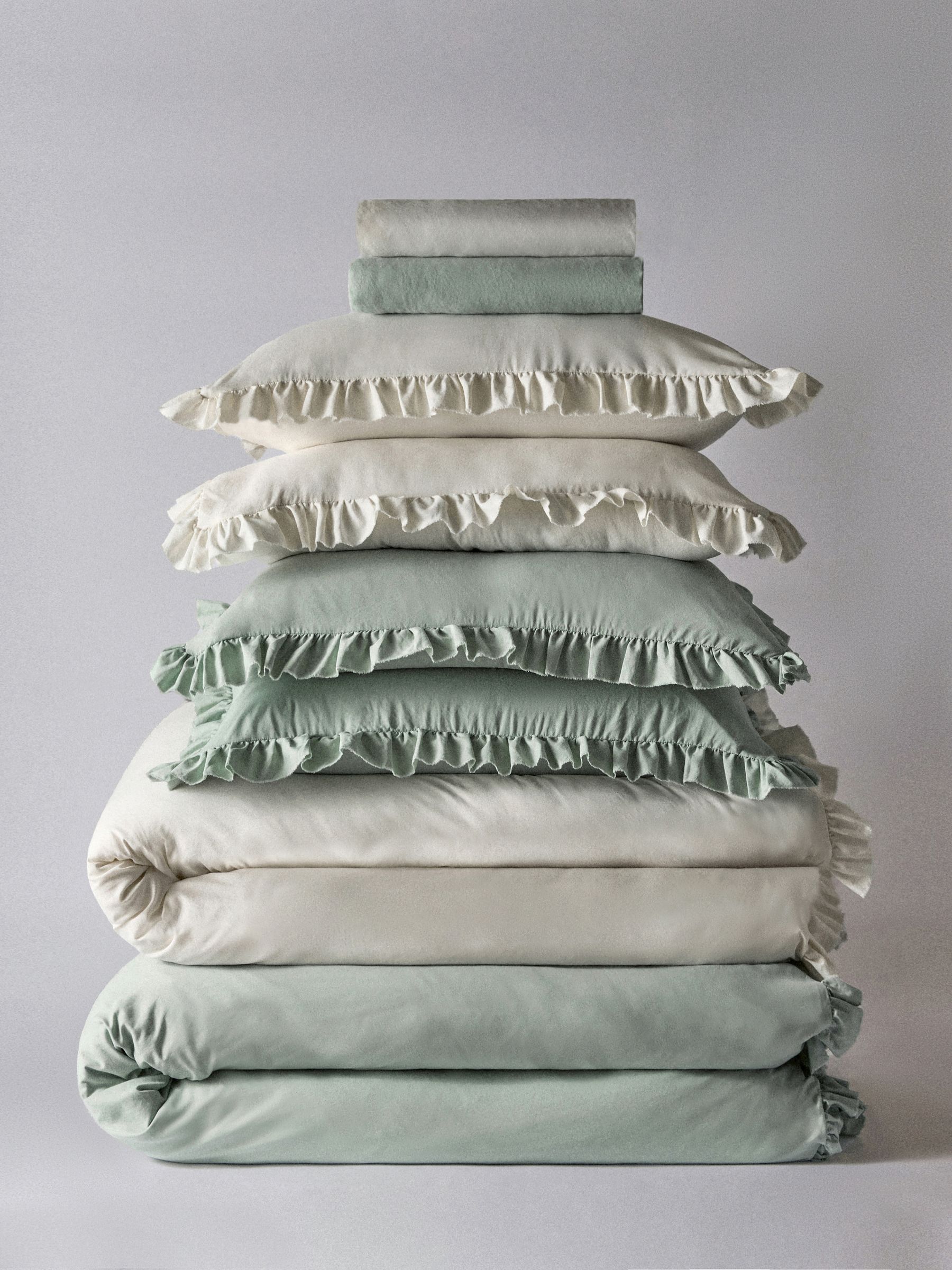 2 Pack Green/White Microfibre Frill Duvet Cover and Pillowcase Set with Fitted Sheets - Image 1 of 4