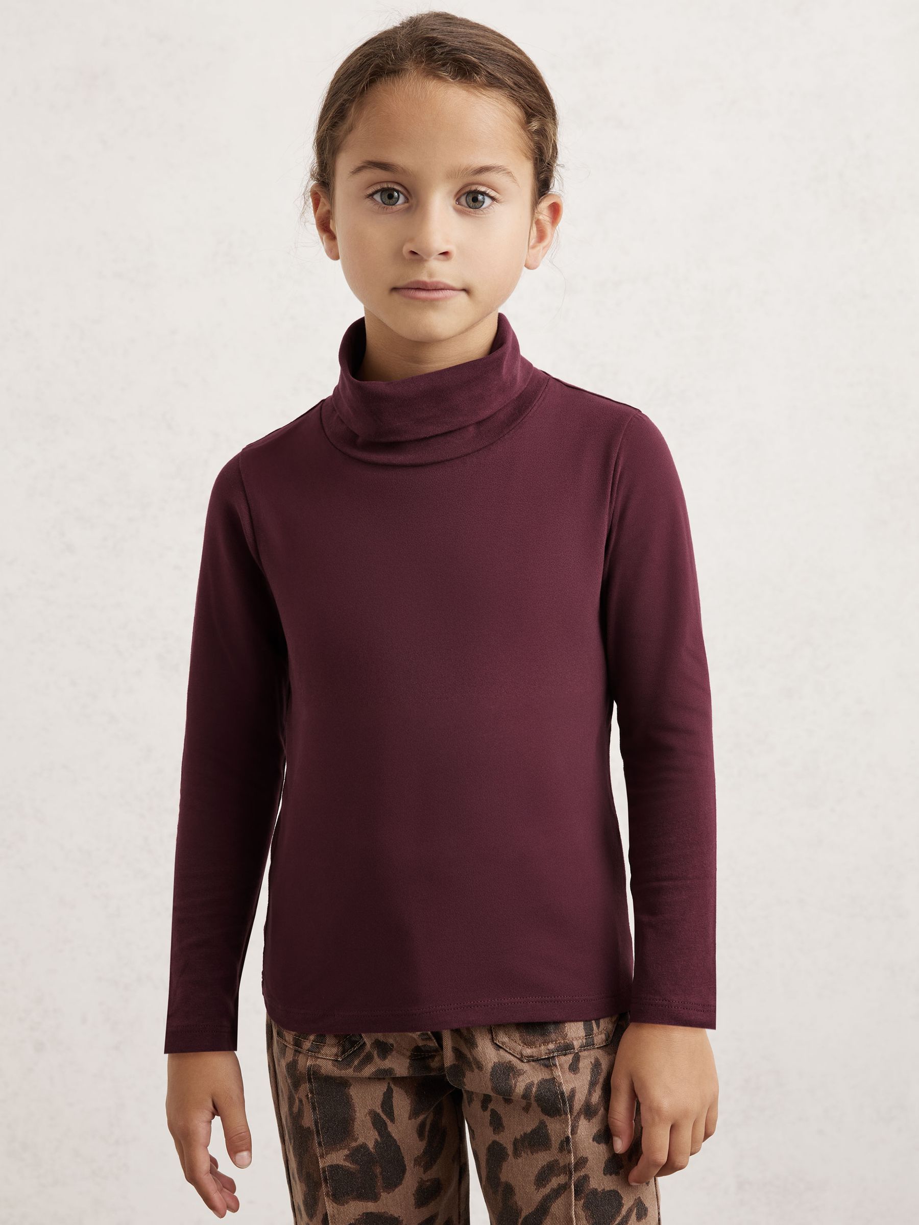 Cotton-Jersey Roll-Neck Top with Stretch in Burgundy - Image 1 of 4 Cotton-Jersey Roll-Neck Top with Stretch in Burgundy - Image 1 of 4