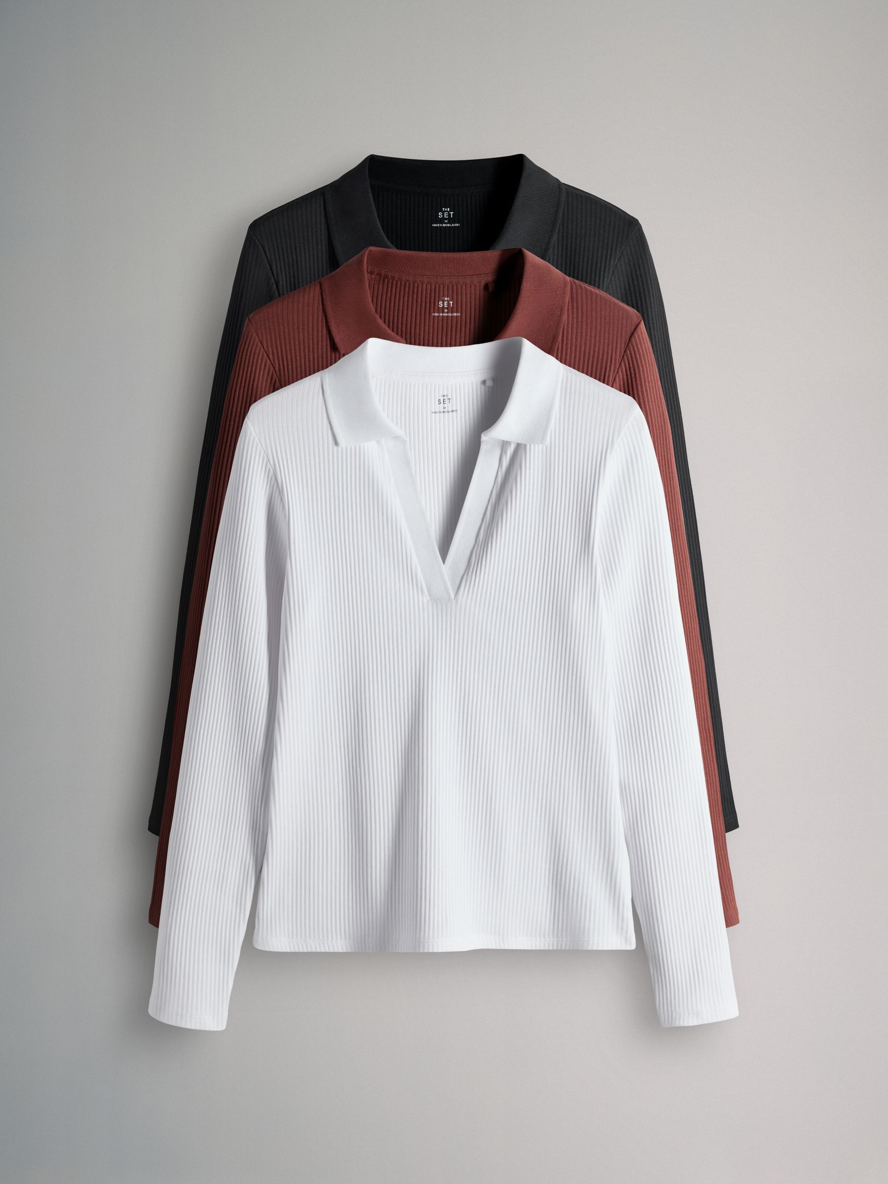 Black/Pink/White 3 Pack Long Sleeve Ribbed Polo Top - Image 1 of 6 Black/Pink/White 3 Pack Long Sleeve Ribbed Polo Top - Image 1 of 6