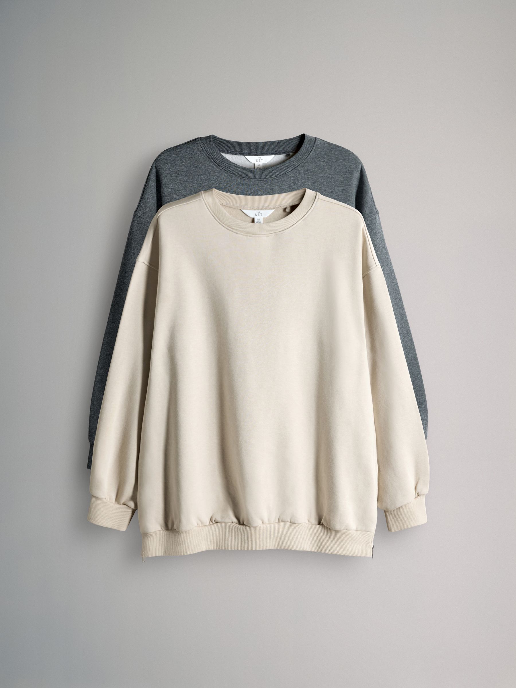 Charcoal Marl/Cream 2 Pack Longline Sweatshirts With Side Zip Detail - Image 1 of 5