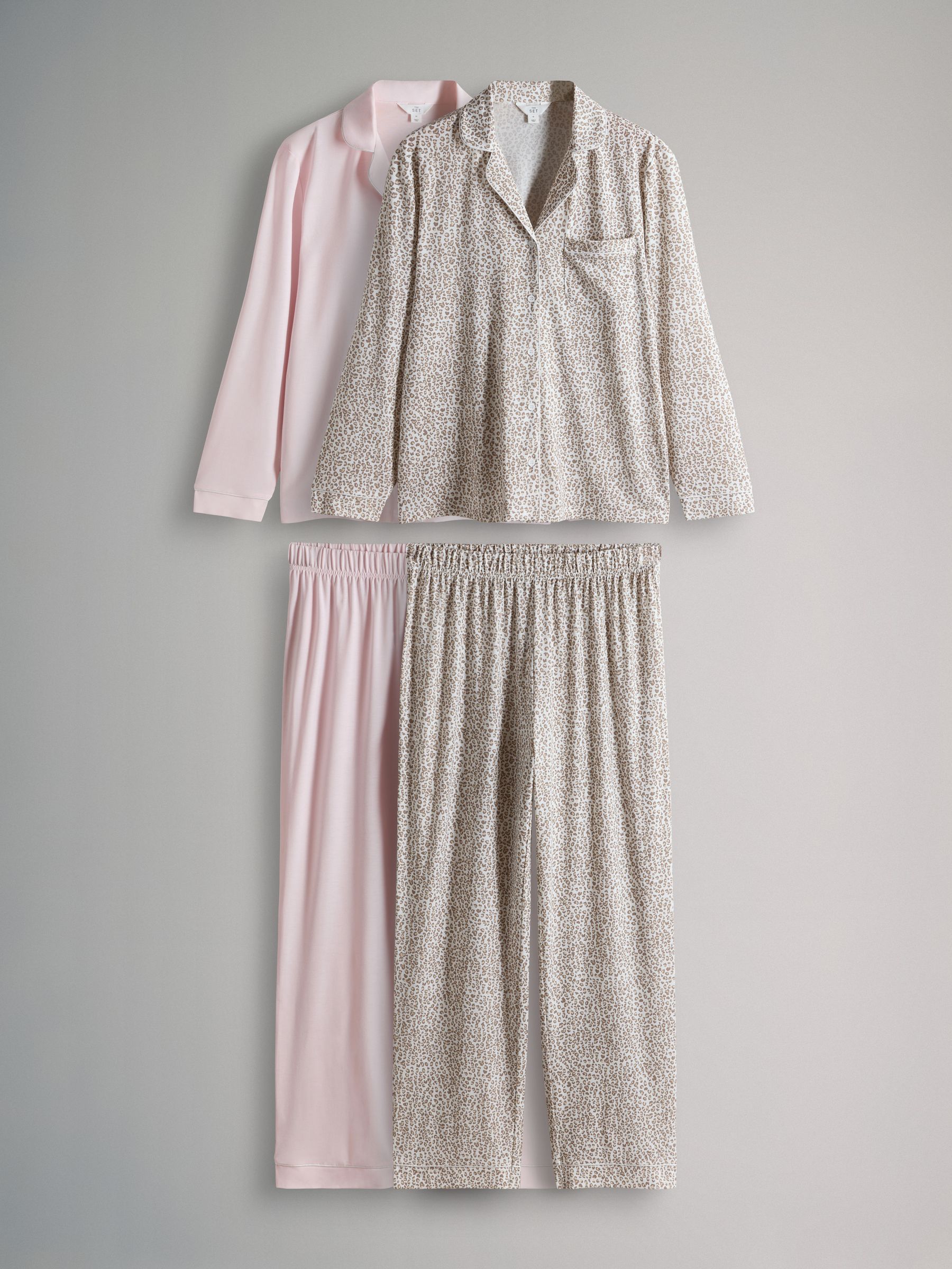 2 Pack Polyester Viscose Blend Button Through Long Pyjamas with Piping Animal/Pink - Image 1 of 6