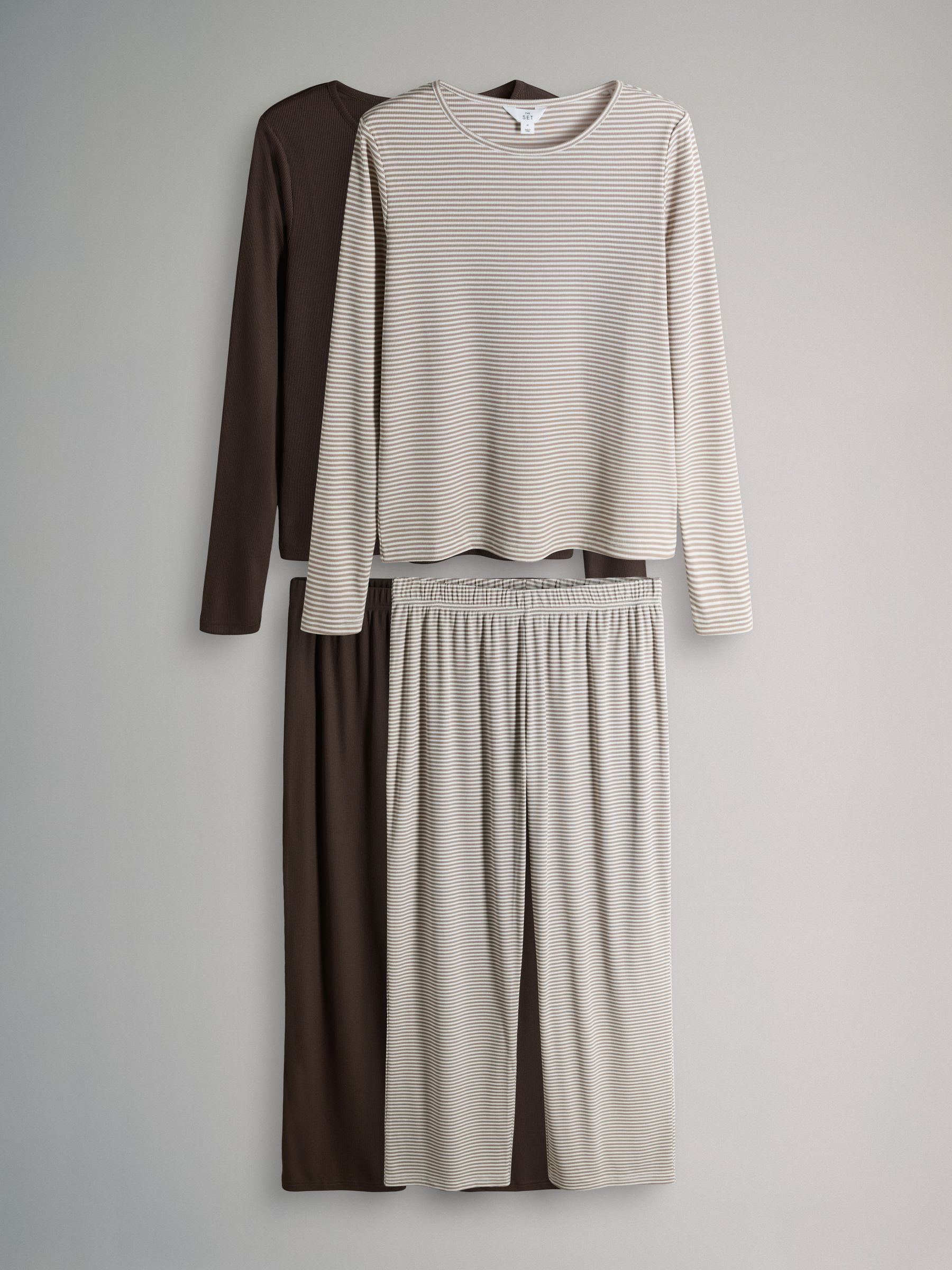 2 Pack Soft Touch Ribbed Long Sleeve Leg Pyjamas Chocolate Brown/Stripe - Image 1 of 6