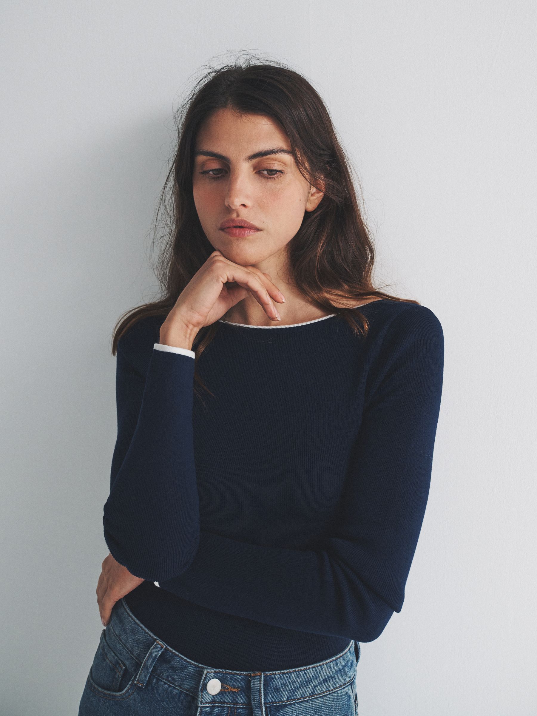 Ecru/Navy Blue 2 Pack Knitted Tipped Scoop Back Tops - Image 3 of 6