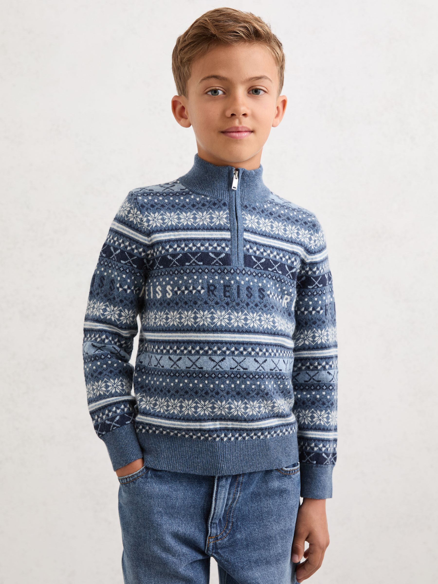 3-9 yrs Wool-Blend Fair Isle Jumper With Cashmere in Airforce Blue - Image 3 of 4