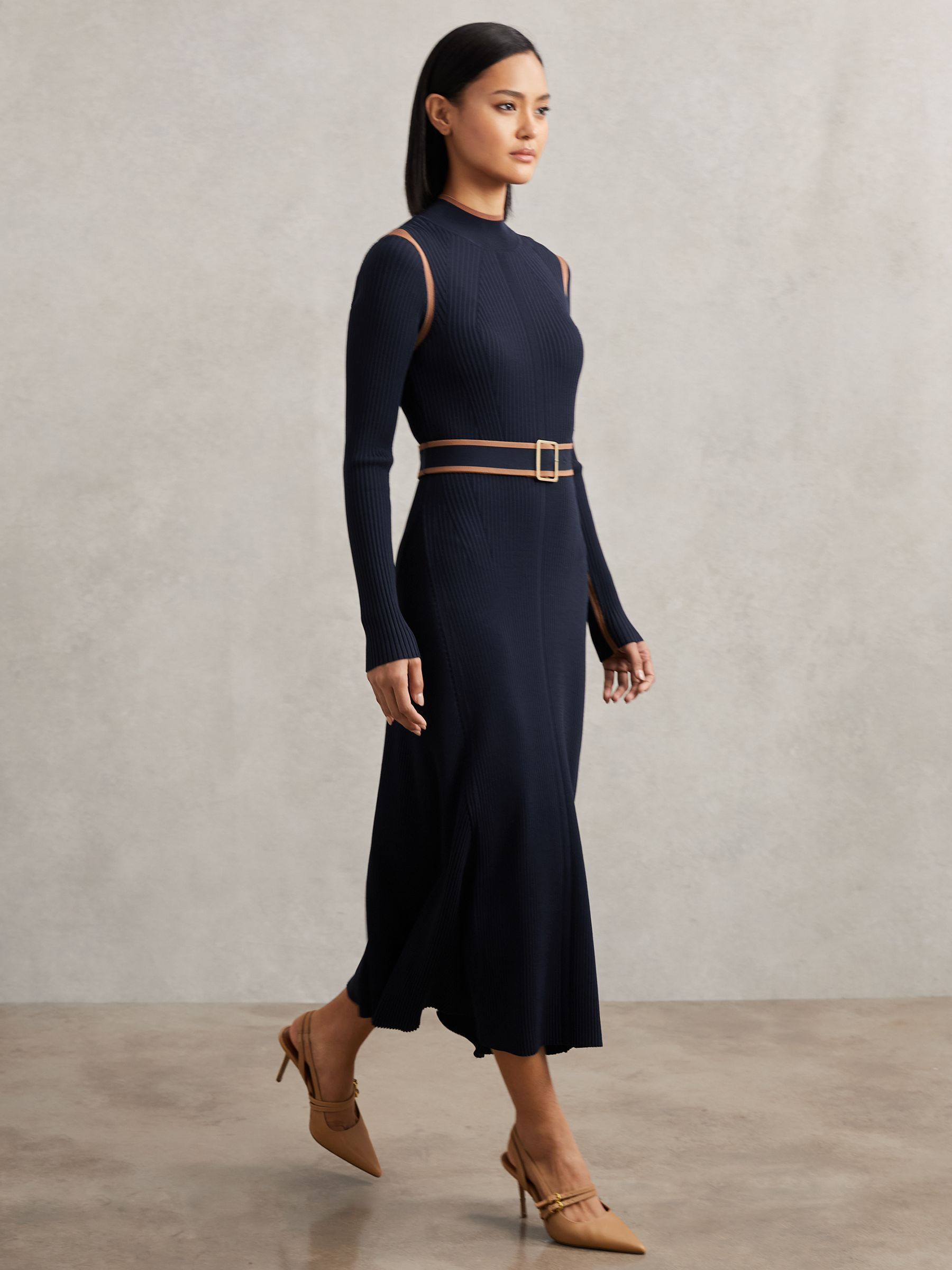 Reiss Colour-Block Rib-Knit Midi Dress in Navy/Camel | REISS