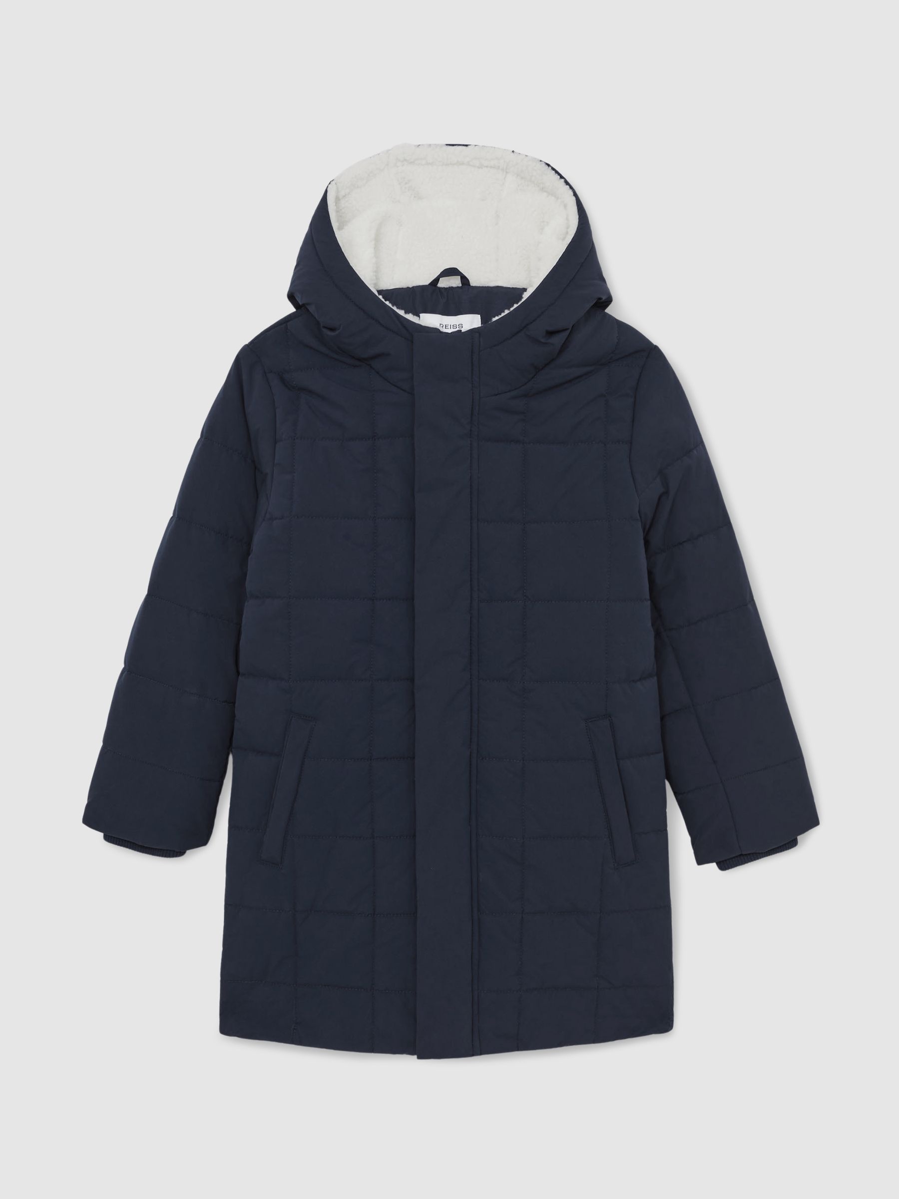 Fleece-Trim Hooded Puffer Jacket in Navy - Image 2 of 4