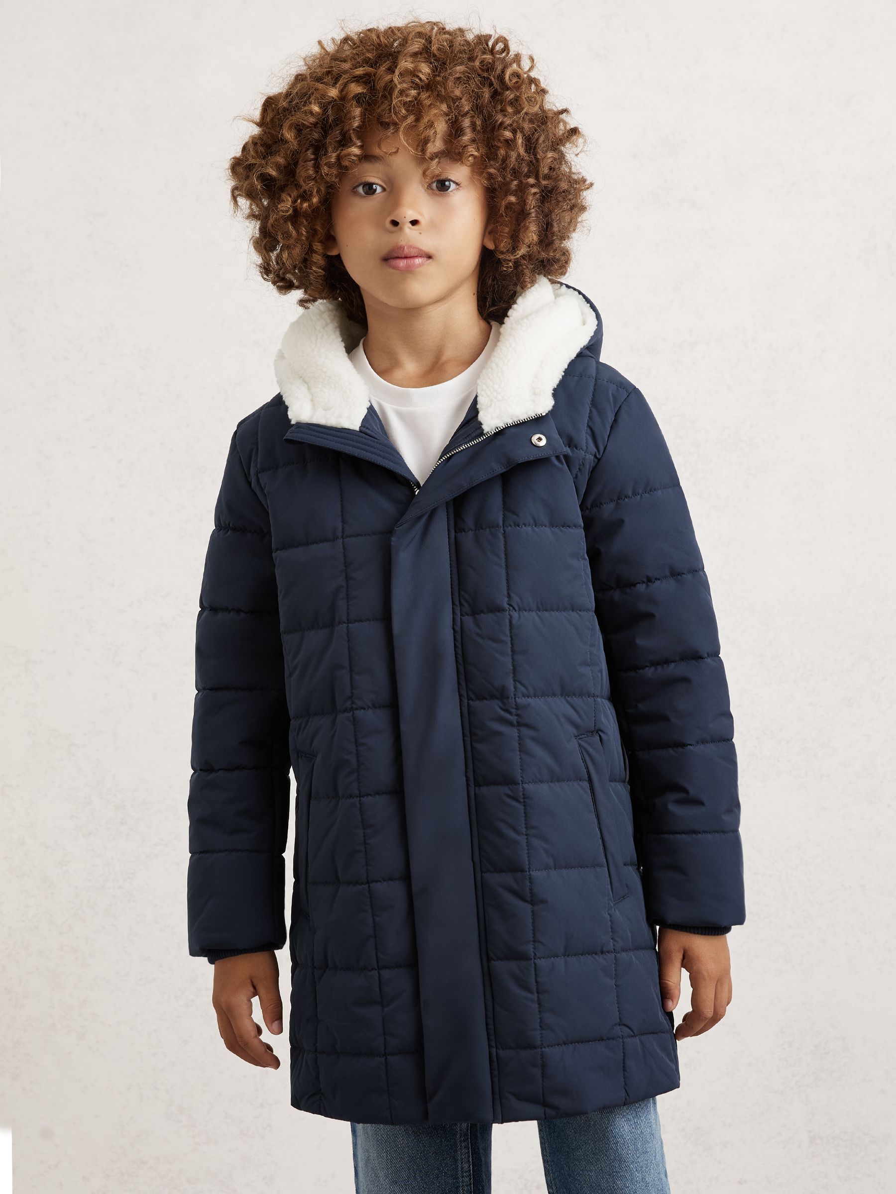 Fleece-Trim Hooded Puffer Jacket in Navy - Image 3 of 4