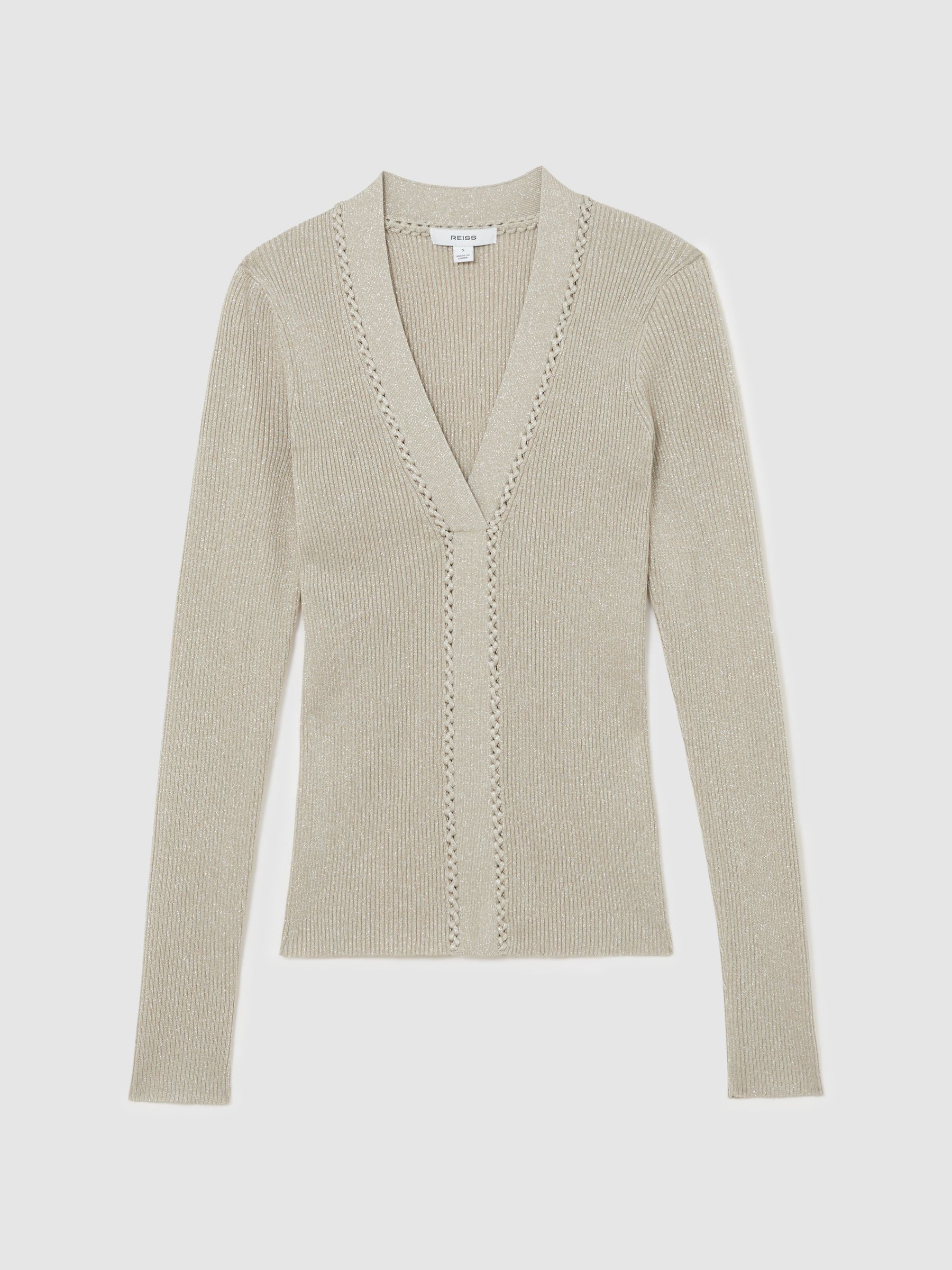 Metallic Craft-Stitch Rib-Knit Top in Champagne - image 1