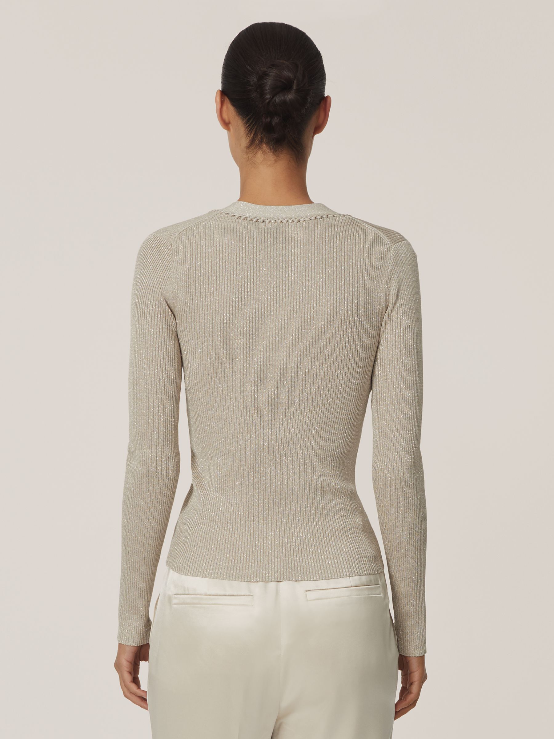 Metallic Craft-Stitch Rib-Knit Top in Champagne - image 5