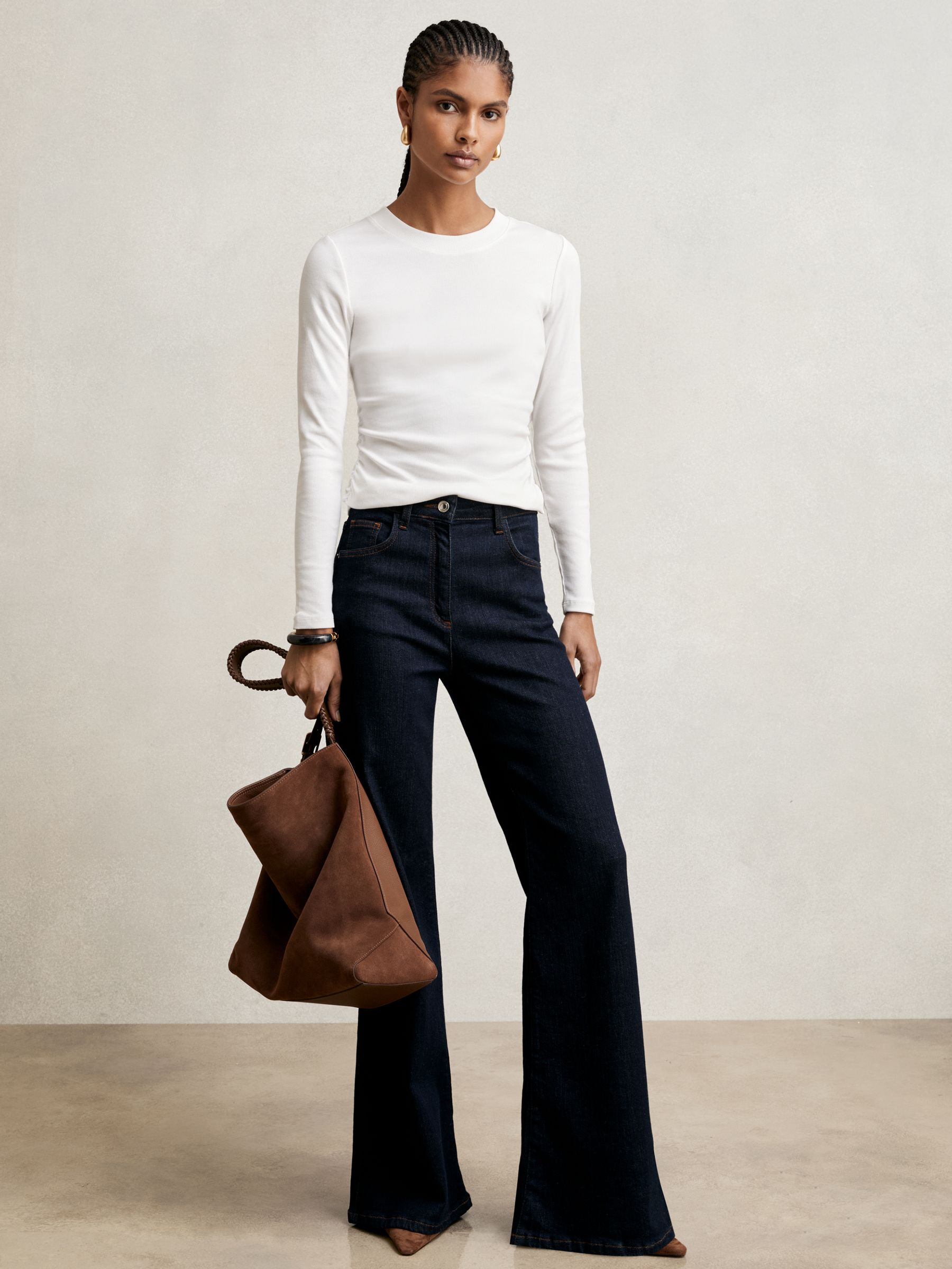 Cotton Long-Sleeve Ruched T-Shirt with Stretch in White - Image 1 of 6