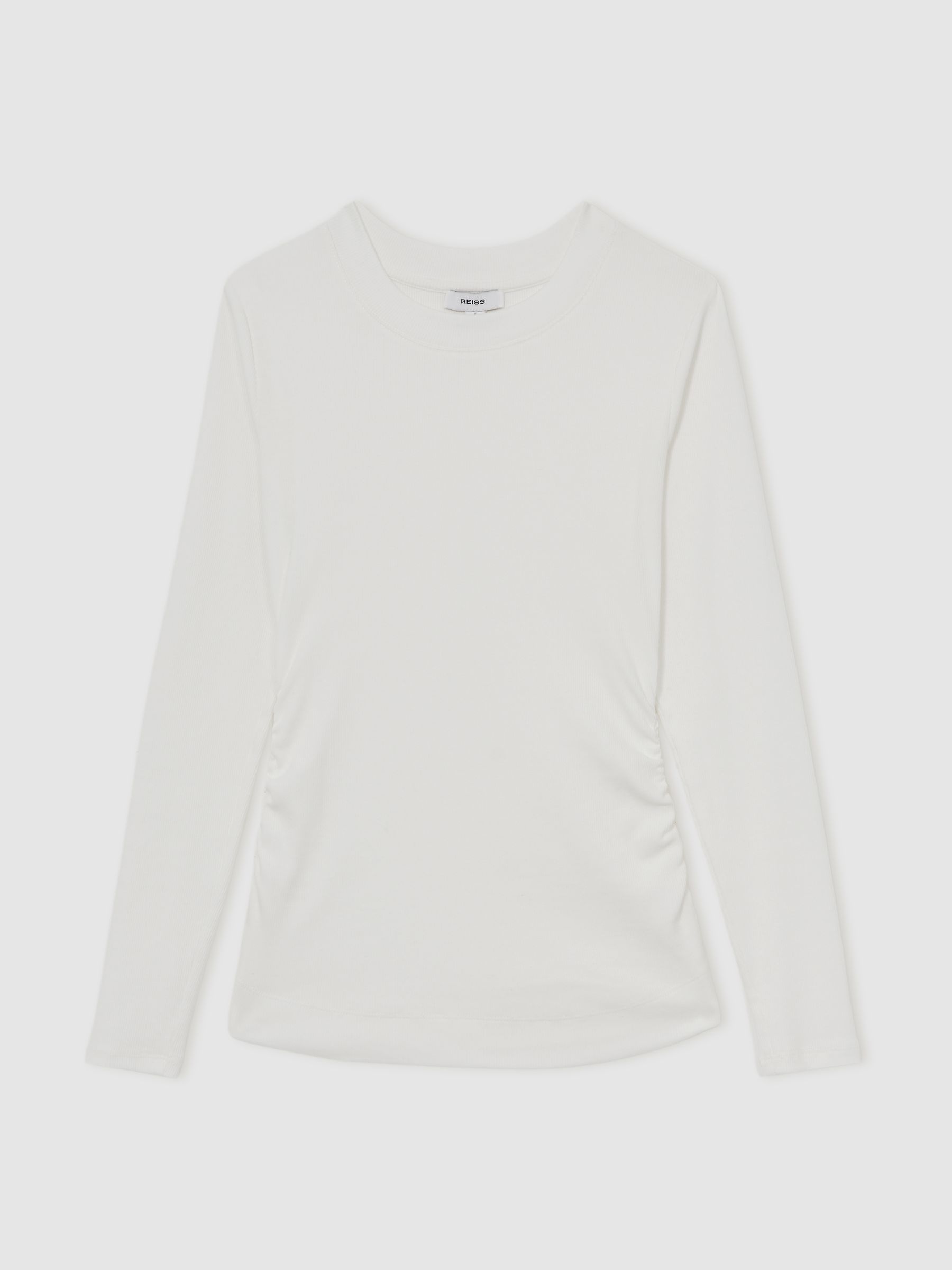 Cotton Long-Sleeve Ruched T-Shirt with Stretch in White - Image 2 of 6