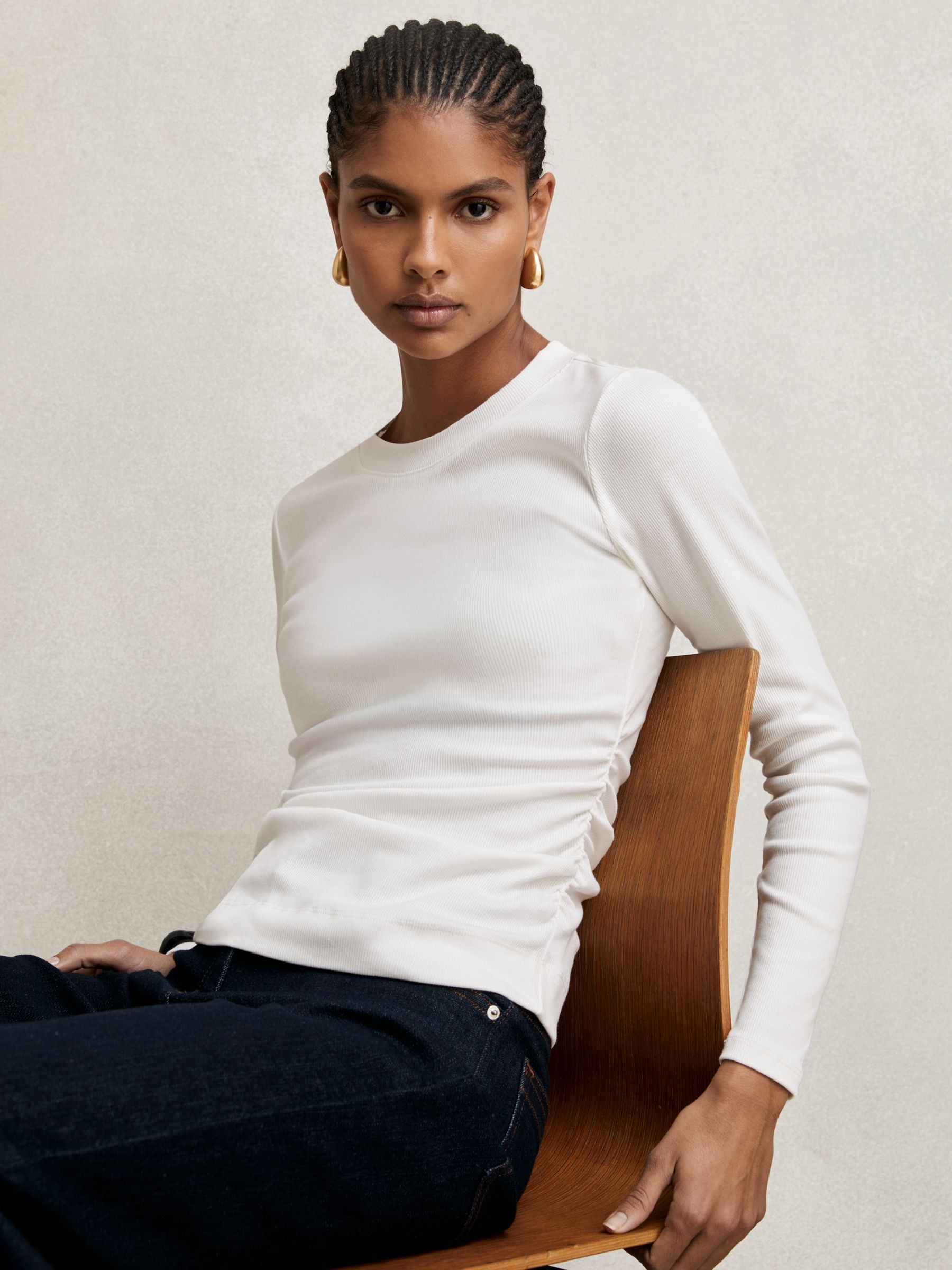Cotton Long-Sleeve Ruched T-Shirt with Stretch in White - Image 3 of 6