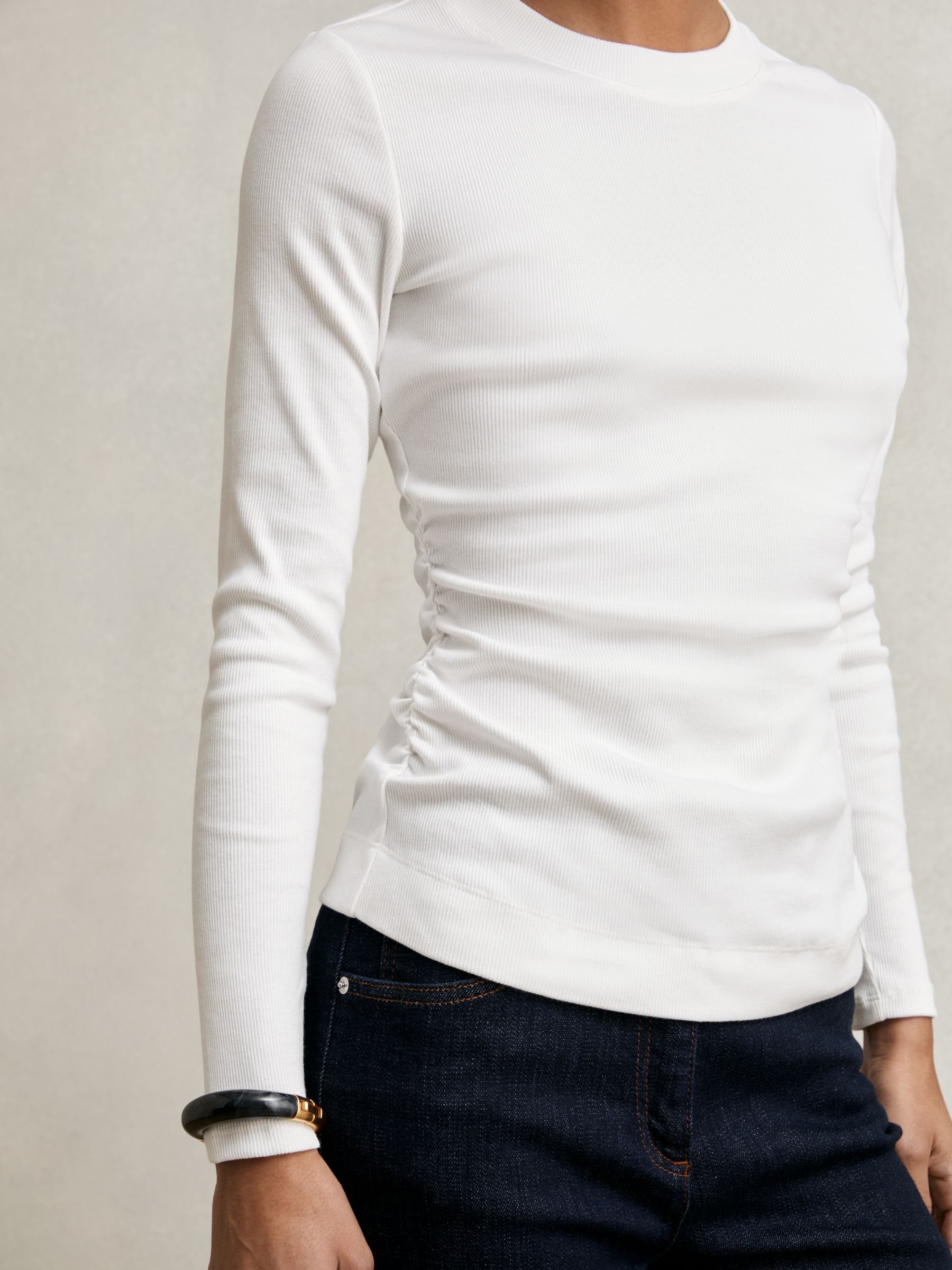 Cotton Long-Sleeve Ruched T-Shirt with Stretch in White - image 3