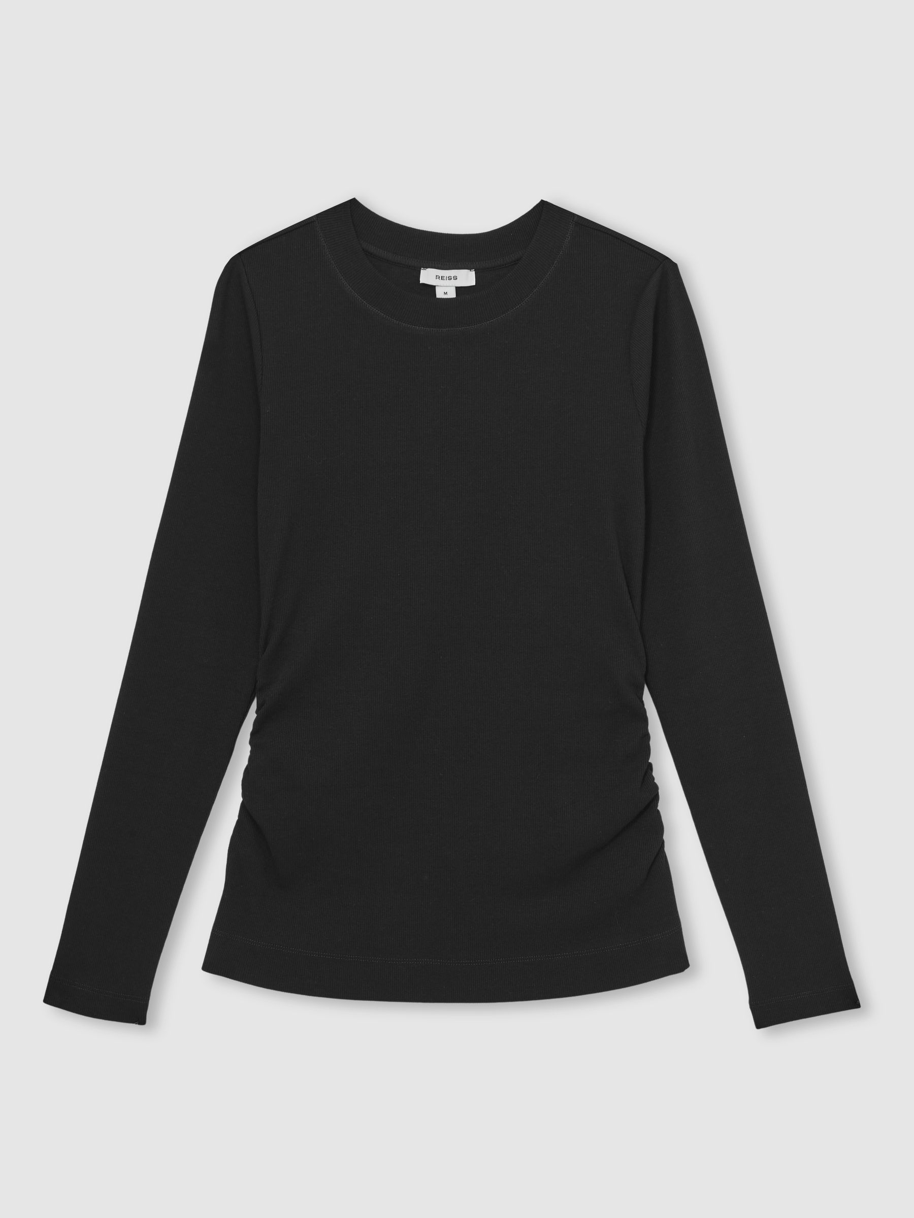 Cotton Long-Sleeve Ruched T-Shirt with Stretch in Black - Image 2 of 6