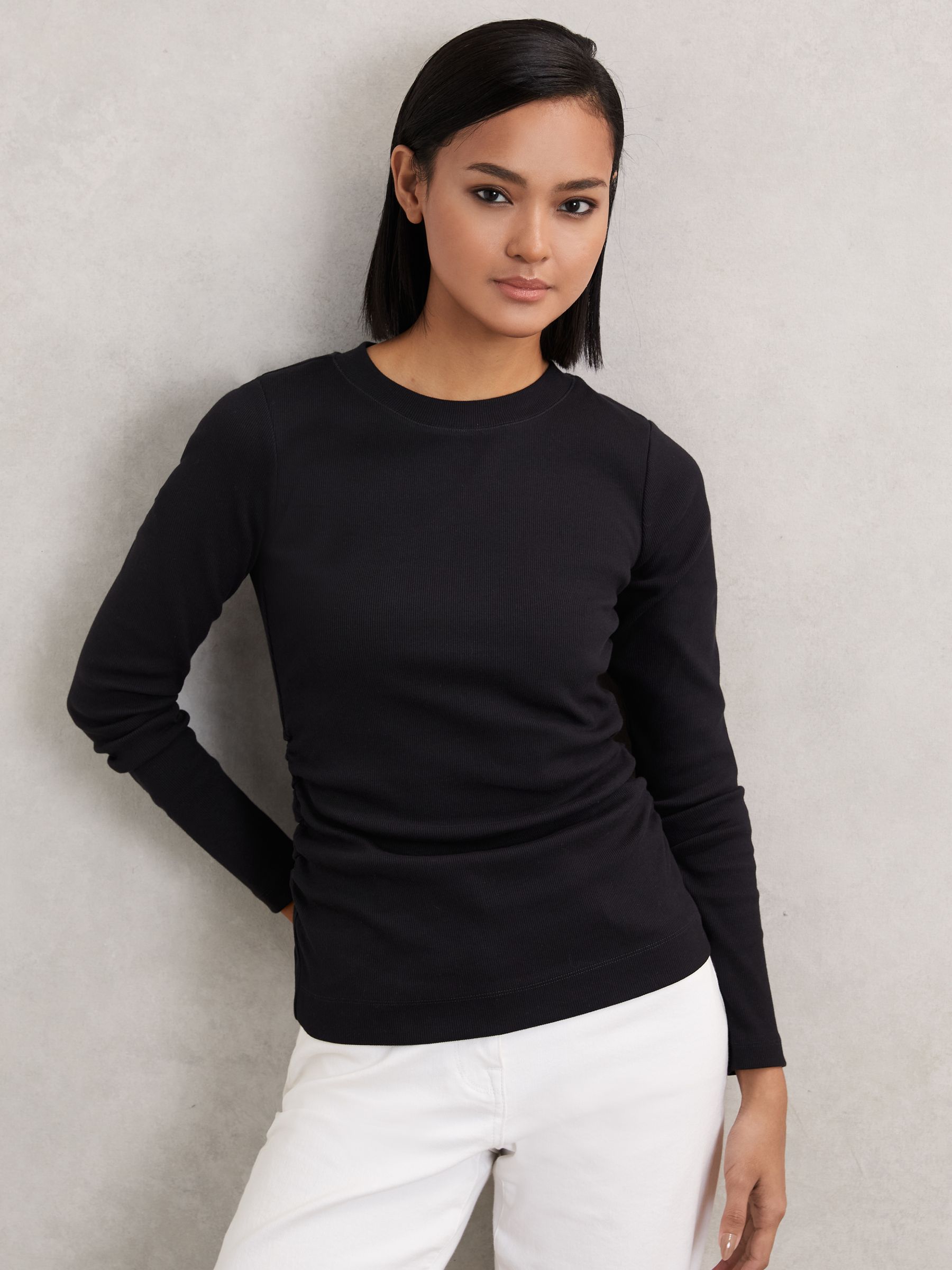 Cotton Long-Sleeve Ruched T-Shirt with Stretch in Black - image 5