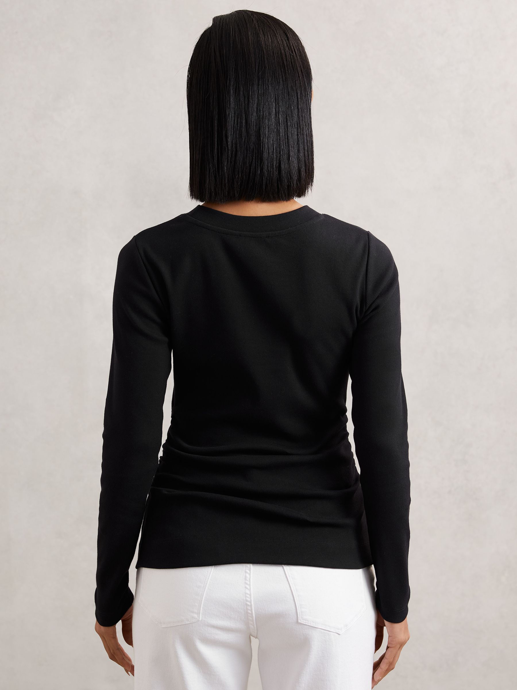 Cotton Long-Sleeve Ruched T-Shirt with Stretch in Black - image 4