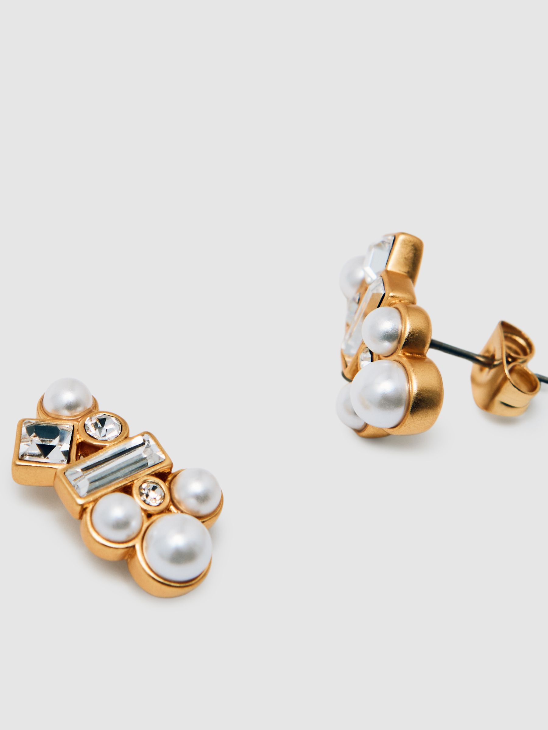 Faux-Pearl and Crystal Stud Earrings in Gold Tone - image 2