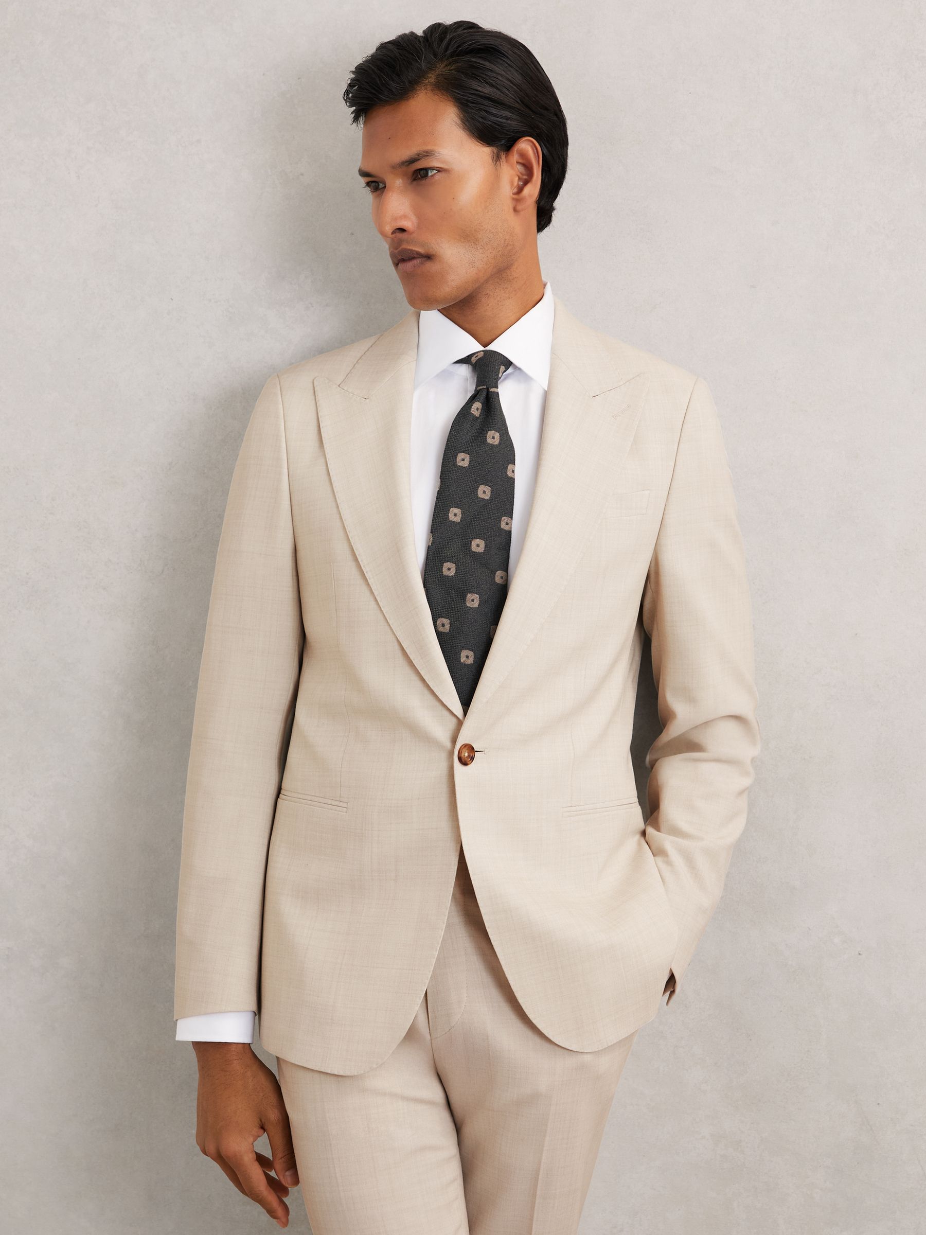 Single-Breasted Textured Suit Blazer Slim-Fit With Wool in Stone - Image 1 of 6