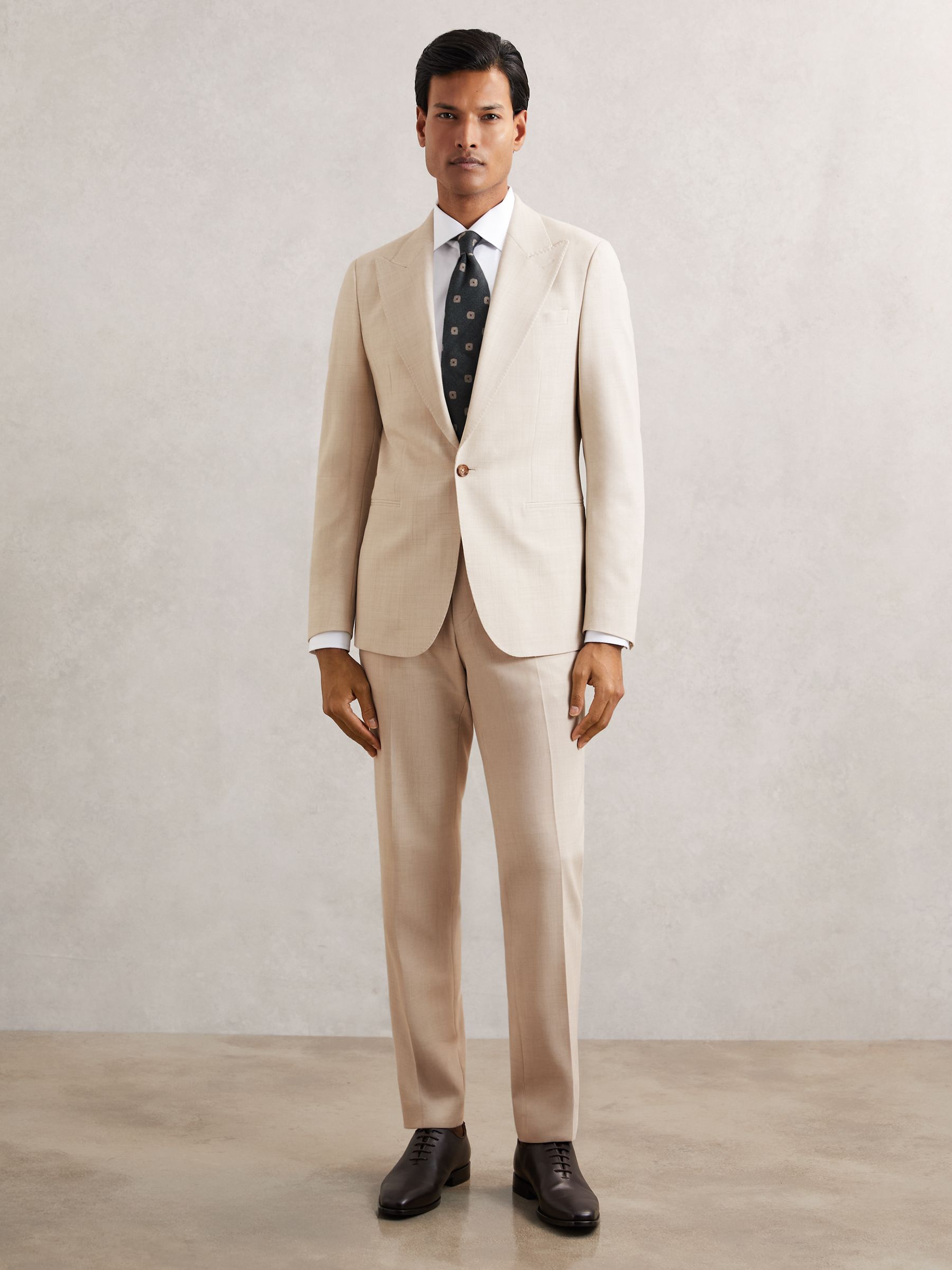 Single-Breasted Textured Suit Blazer Slim-Fit With Wool in Stone - Image 3 of 6