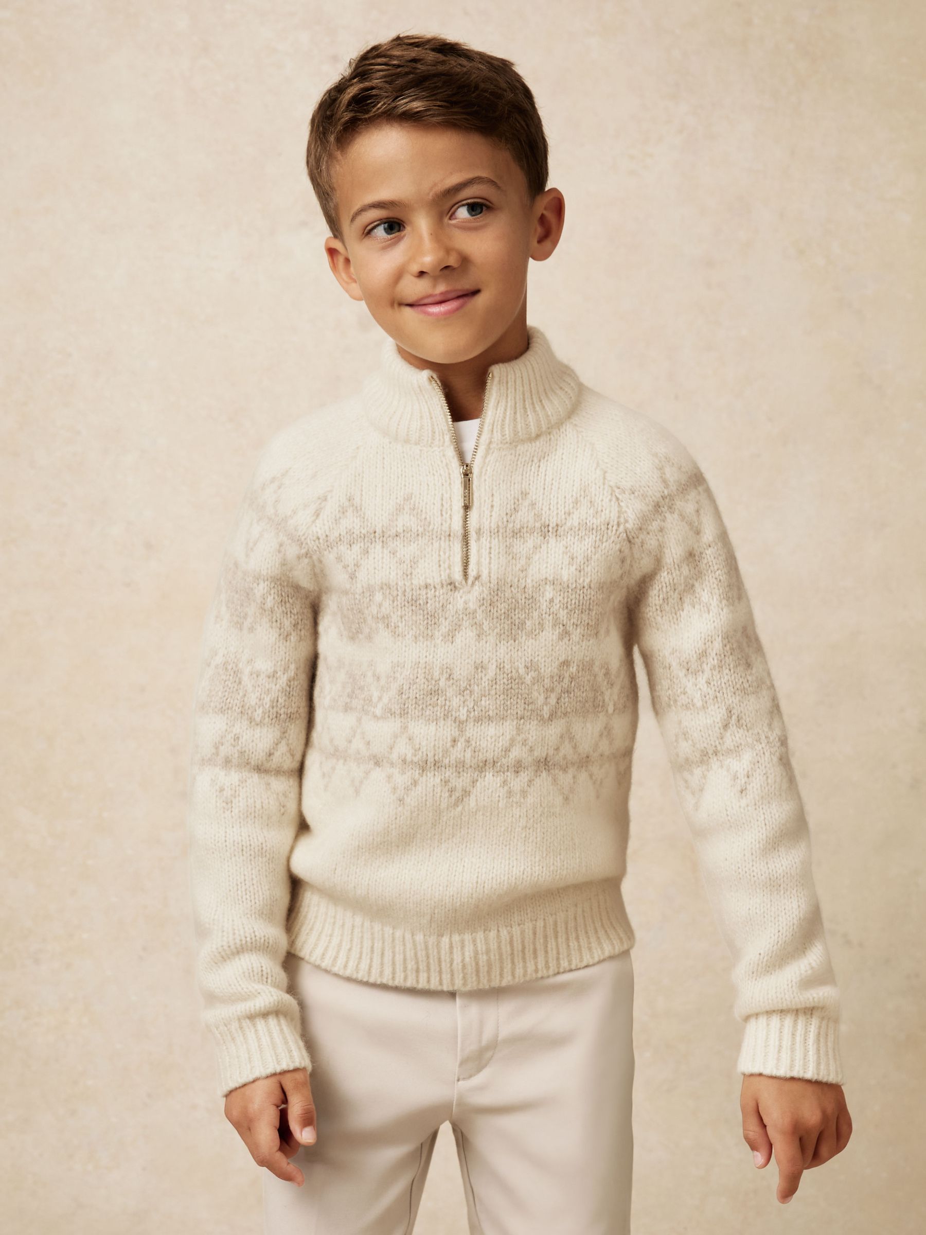 13-14 yrs Wool-Blend Fair Isle Half-Zip Jumper in Off White/Oatmeal - Image 3 of 6