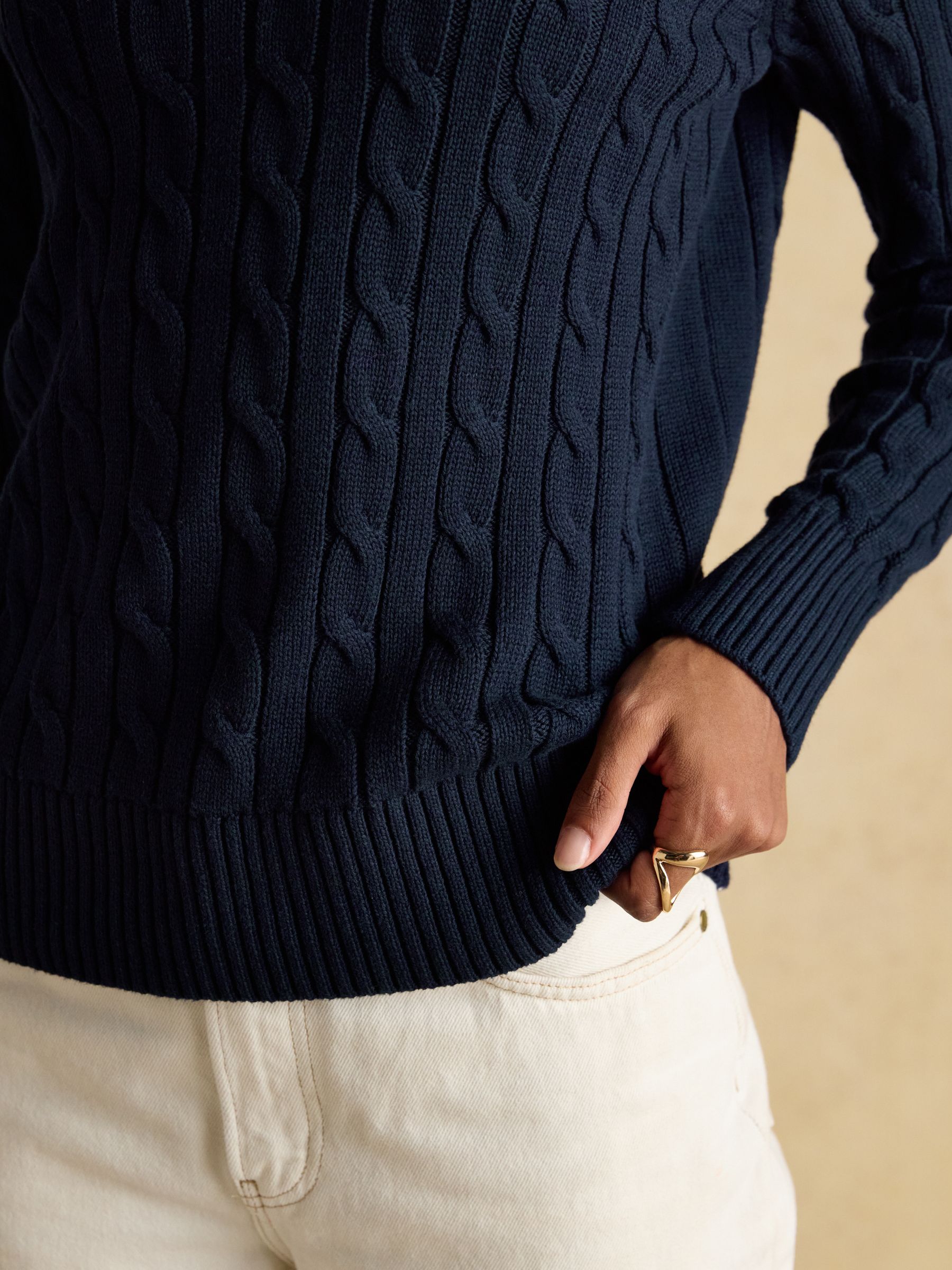 Navy Classic Crew Neck Cotton Cable Knit Jumper | Joules