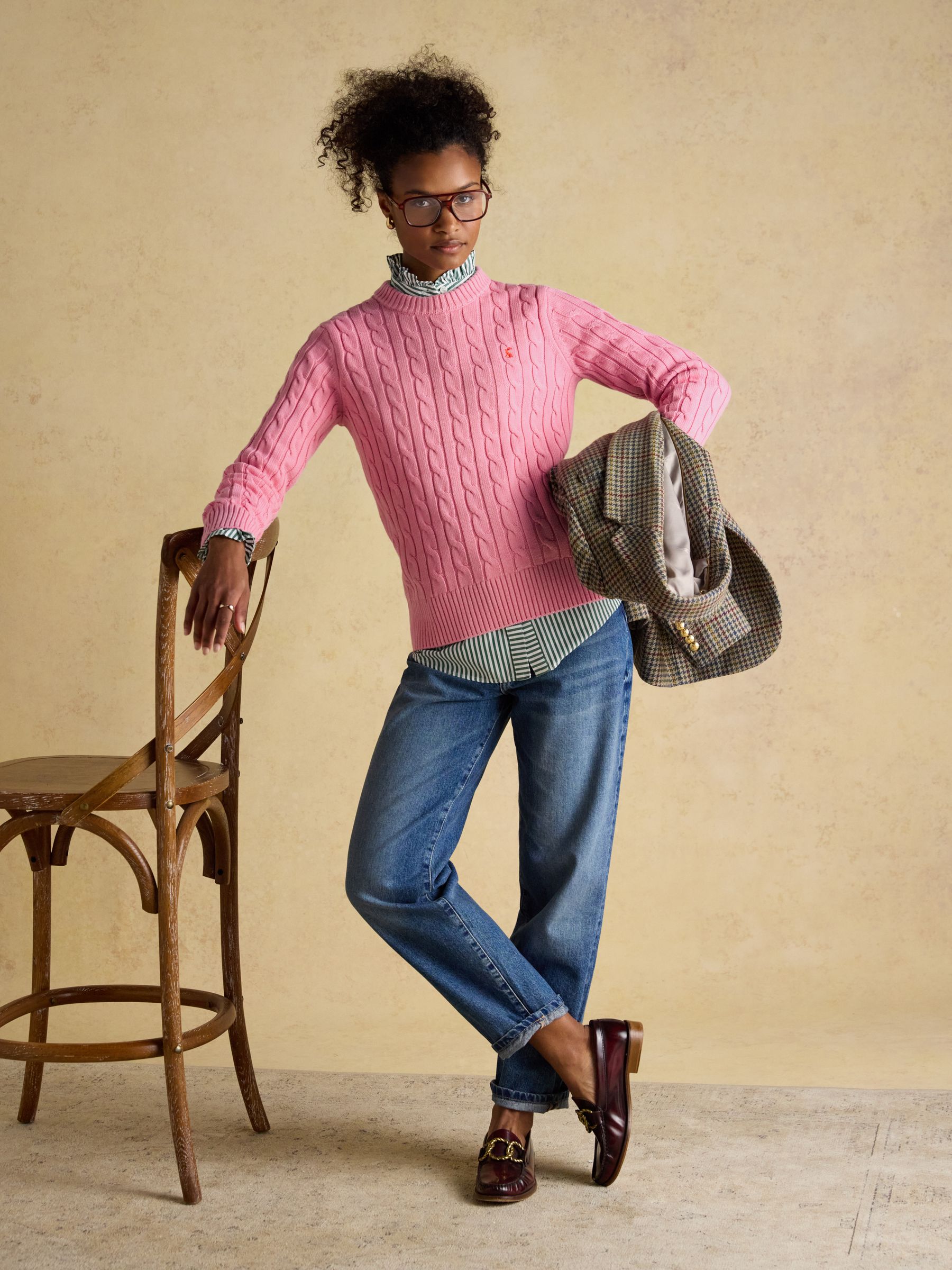 Classic Cable Pink Cotton Crew Neck Jumper - Image 7 of 10