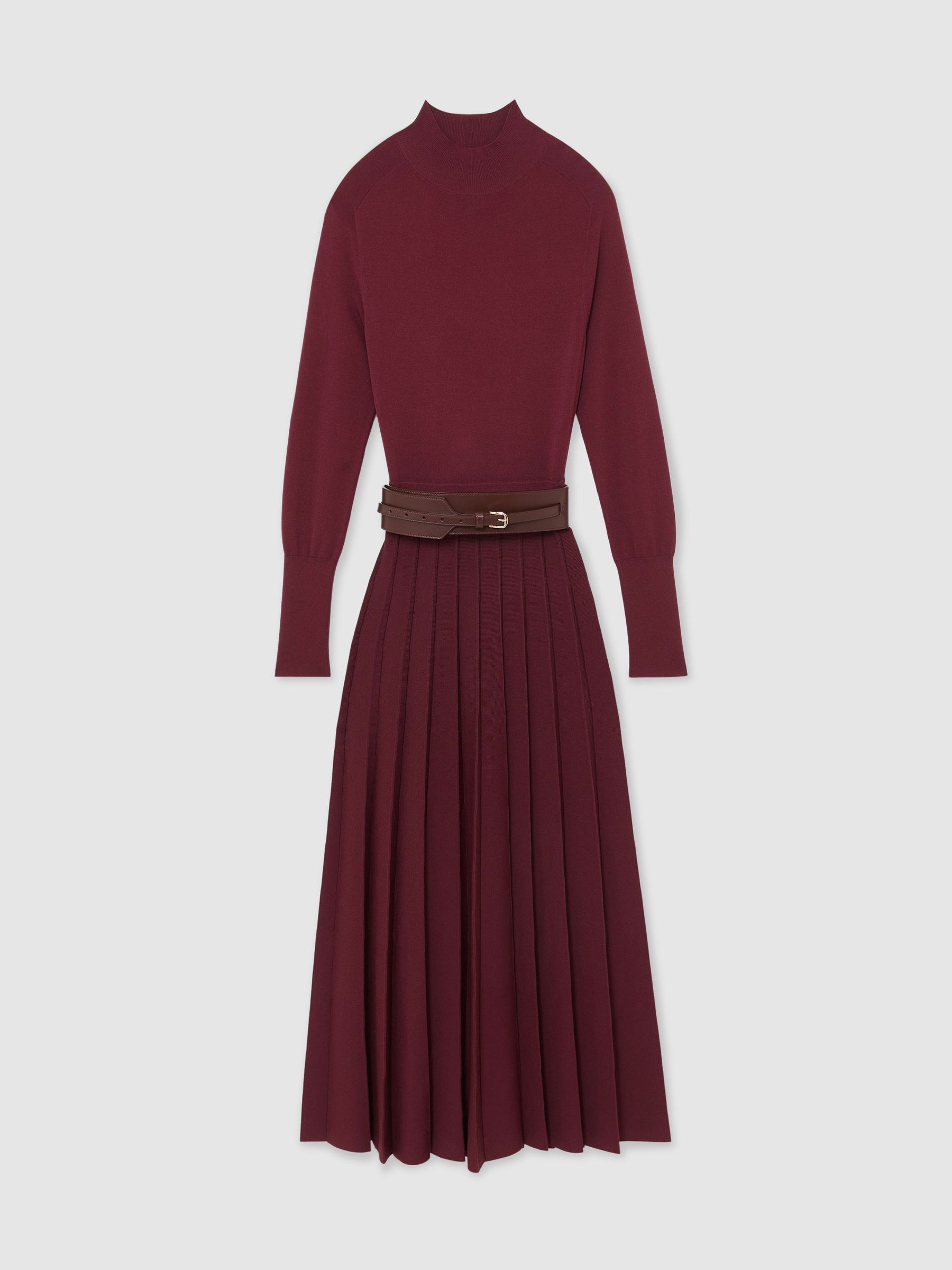 Belted Knit Pleated Midi Dress in Raspberry Red - image 1