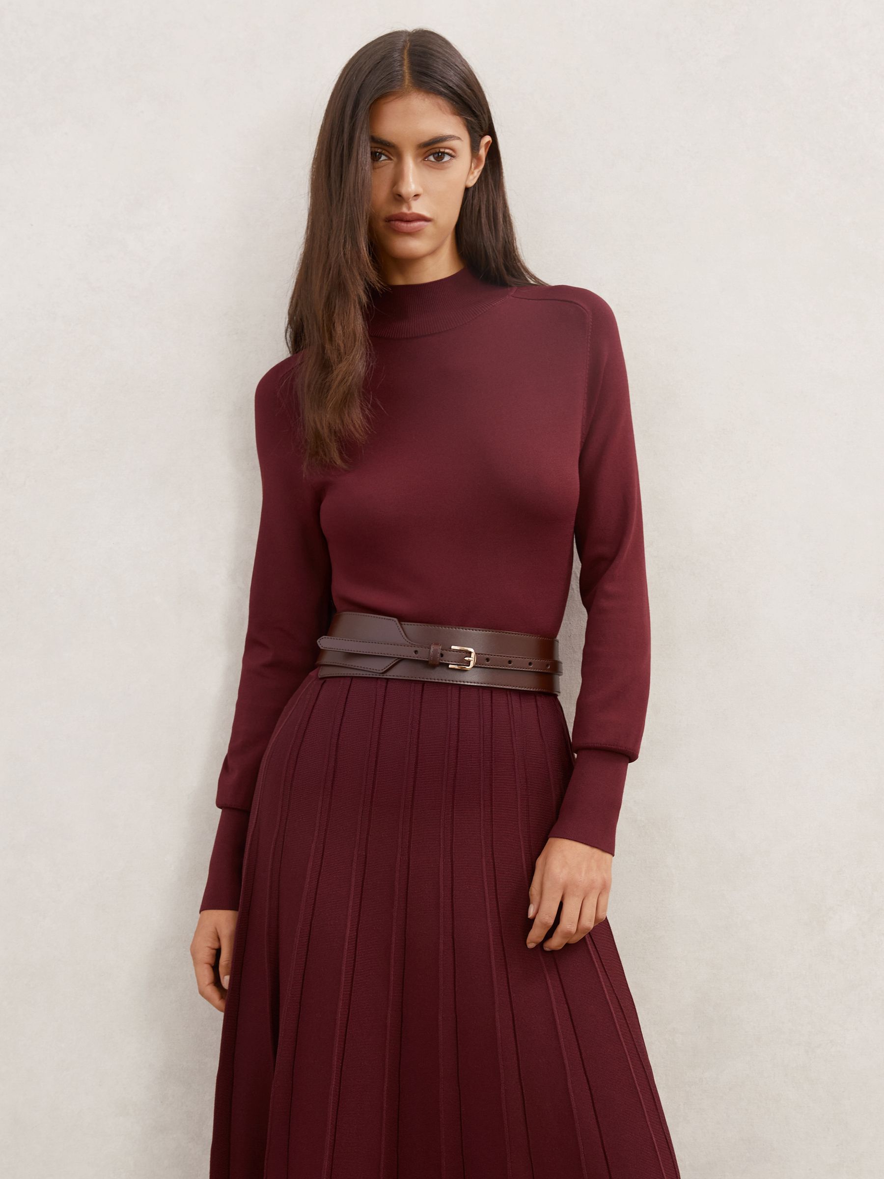 Belted Knit Pleated Midi Dress in Raspberry Red - image 5