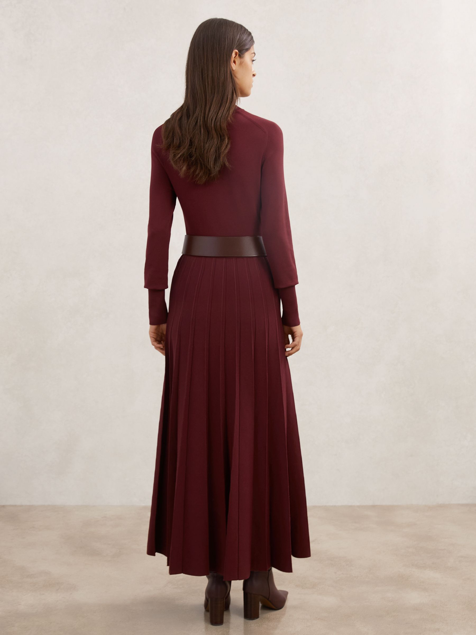 Belted Knit Pleated Midi Dress in Raspberry Red - image 4