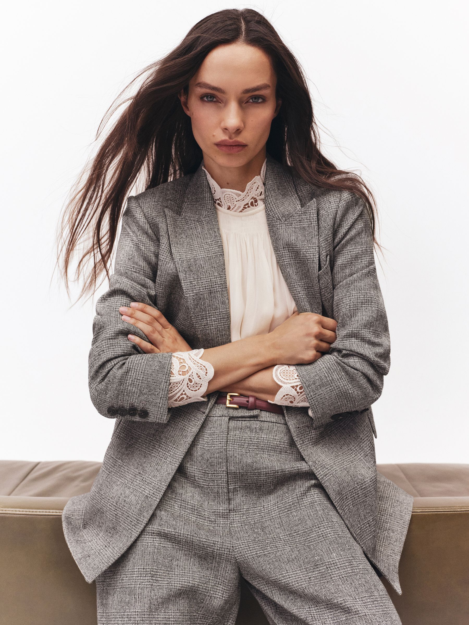 Double-Breasted Textured Suit Blazer in Grey - Image 1 of 11