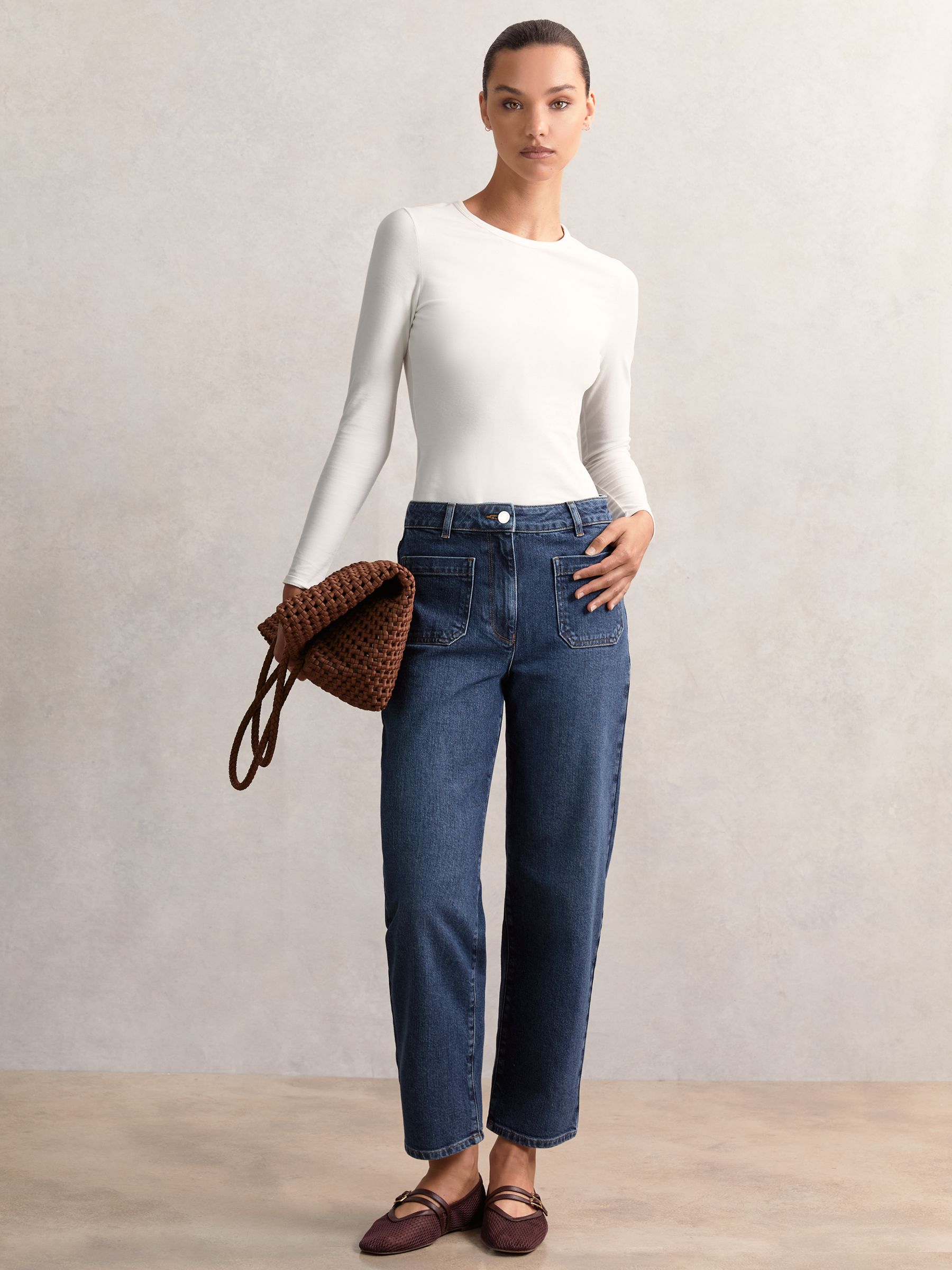 Straight-Leg Patch-Pocket Jeans in Mid Blue - Image 1 of 5 Straight-Leg Patch-Pocket Jeans in Mid Blue - Image 1 of 5