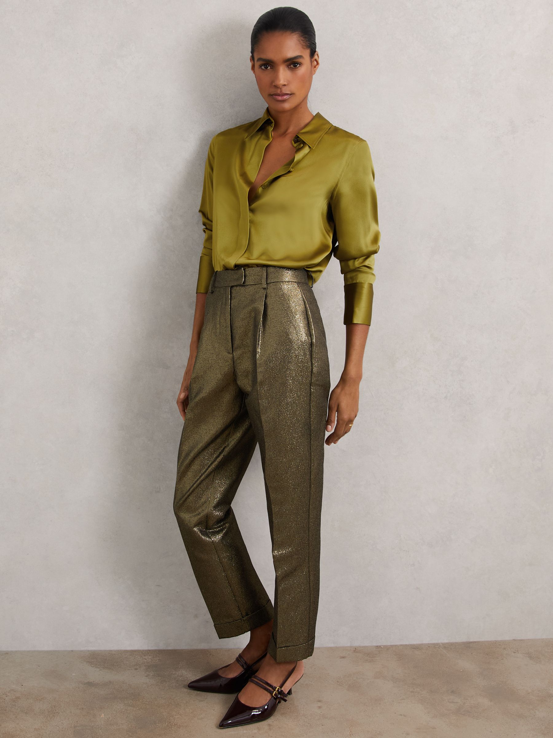 Petite Tapered Metallic Suit Trousers with Cotton in Gold - Image 1 of 8 Petite Tapered Metallic Suit Trousers with Cotton in Gold - Image 1 of 8