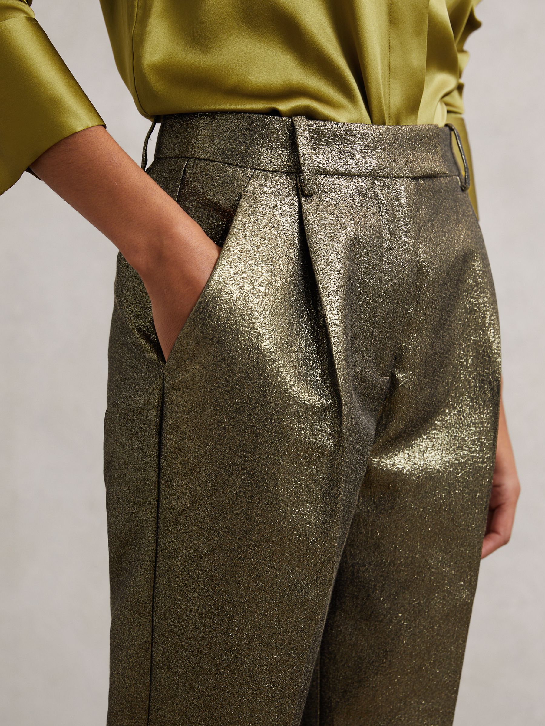 Petite Tapered Metallic Suit Trousers with Cotton in Gold - Image 3 of 8