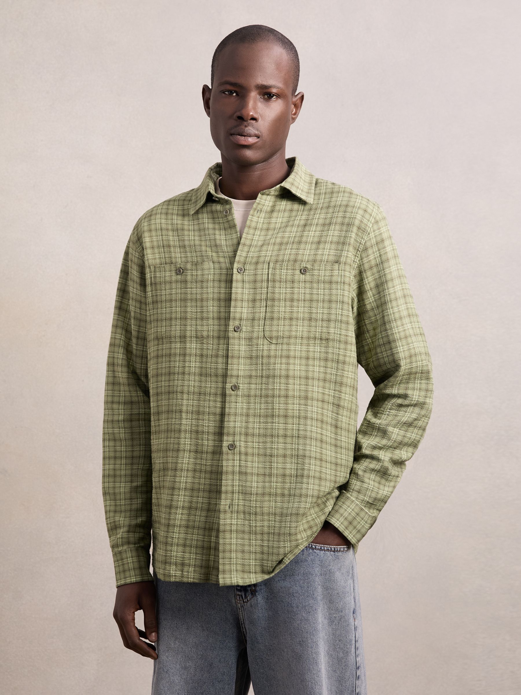 Les Deux Stretch-Cotton Check Shirt in Olive Night - Image 3 of 5