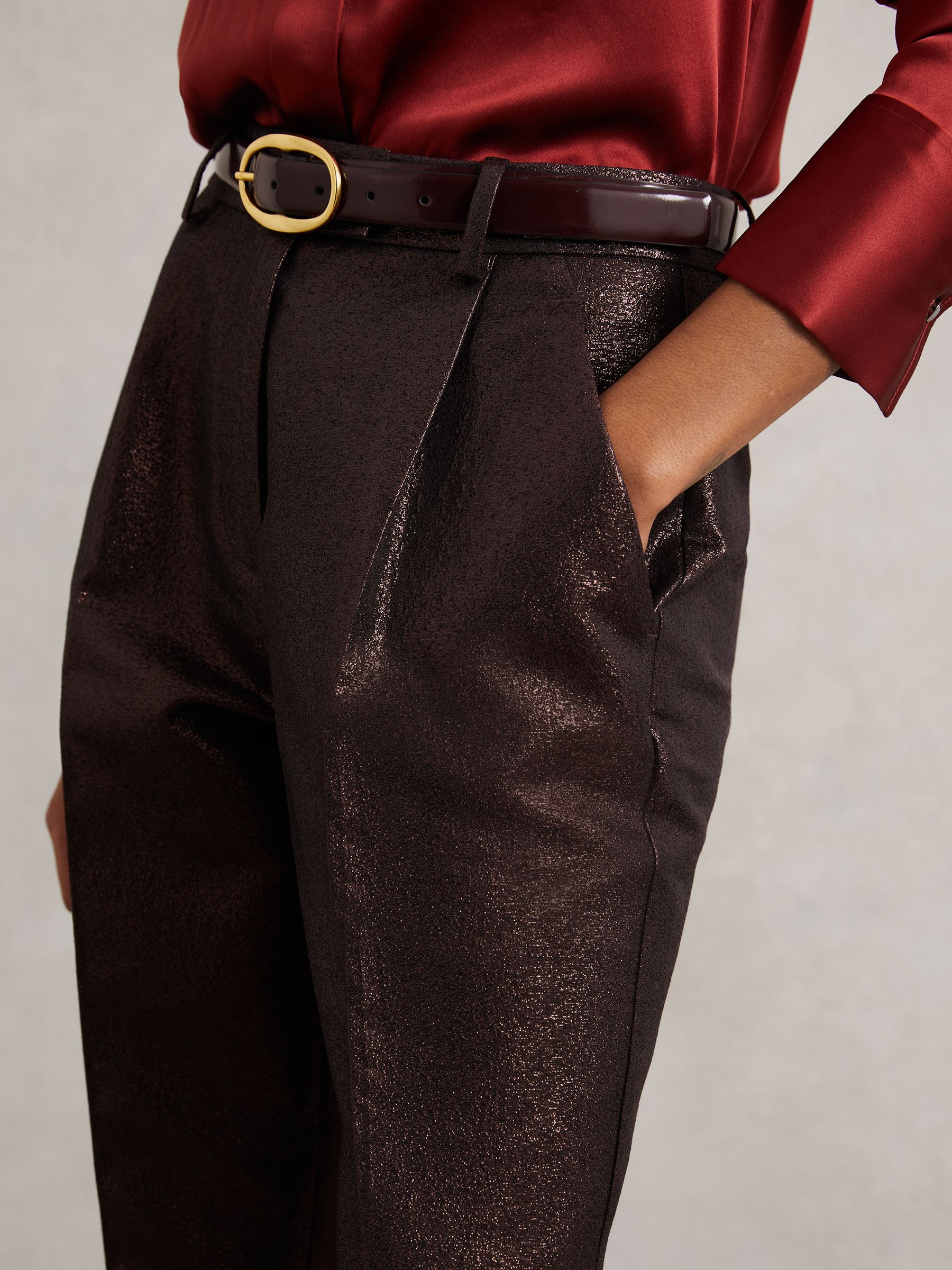 Petite Tapered Metallic Suit Trousers with Cotton in Burgundy - Image 3 of 8