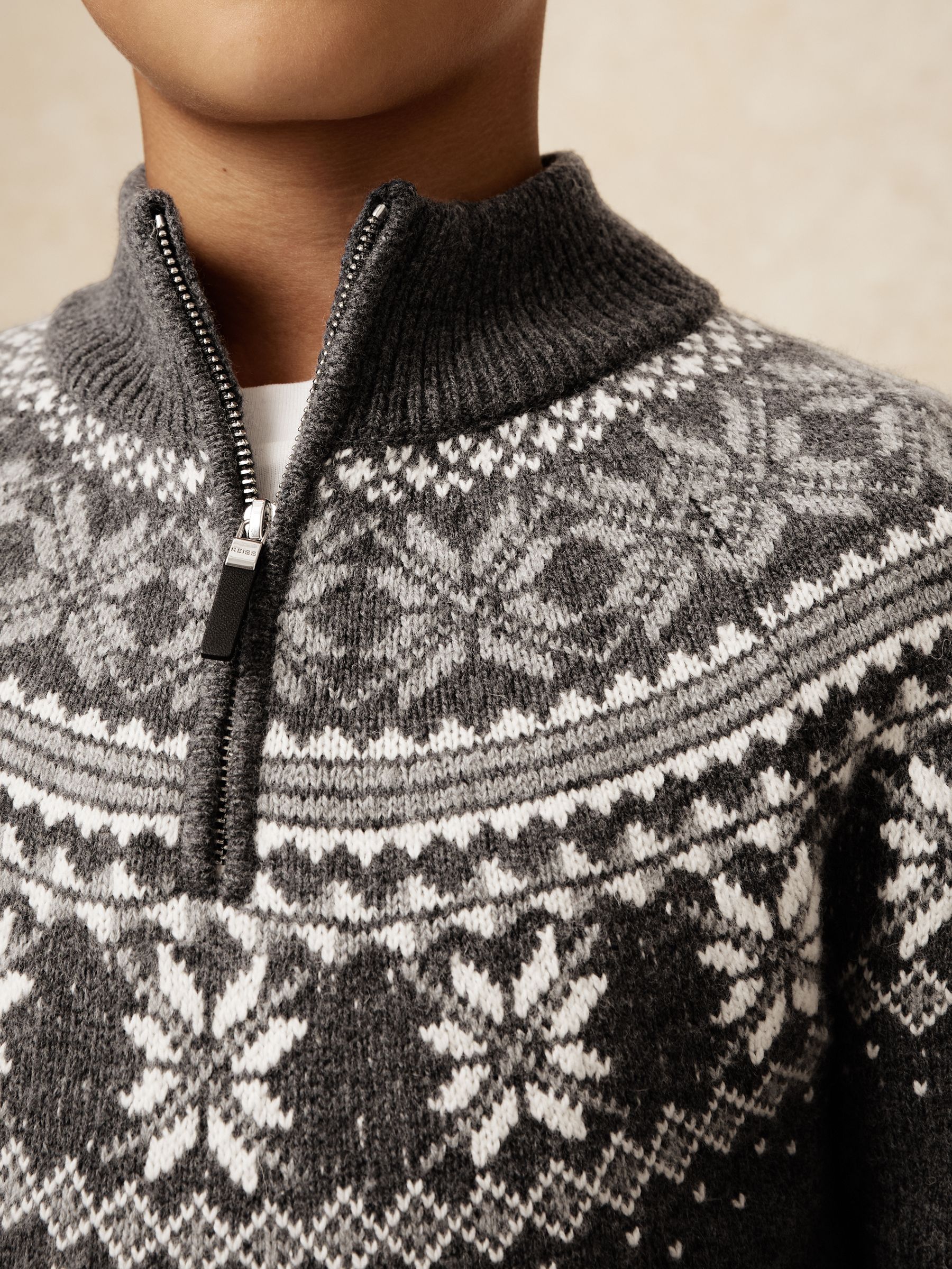 3-9 yrs Fair Isle Half-Zip Jumper with Wool in Dark Grey/Off White - Image 4 of 5