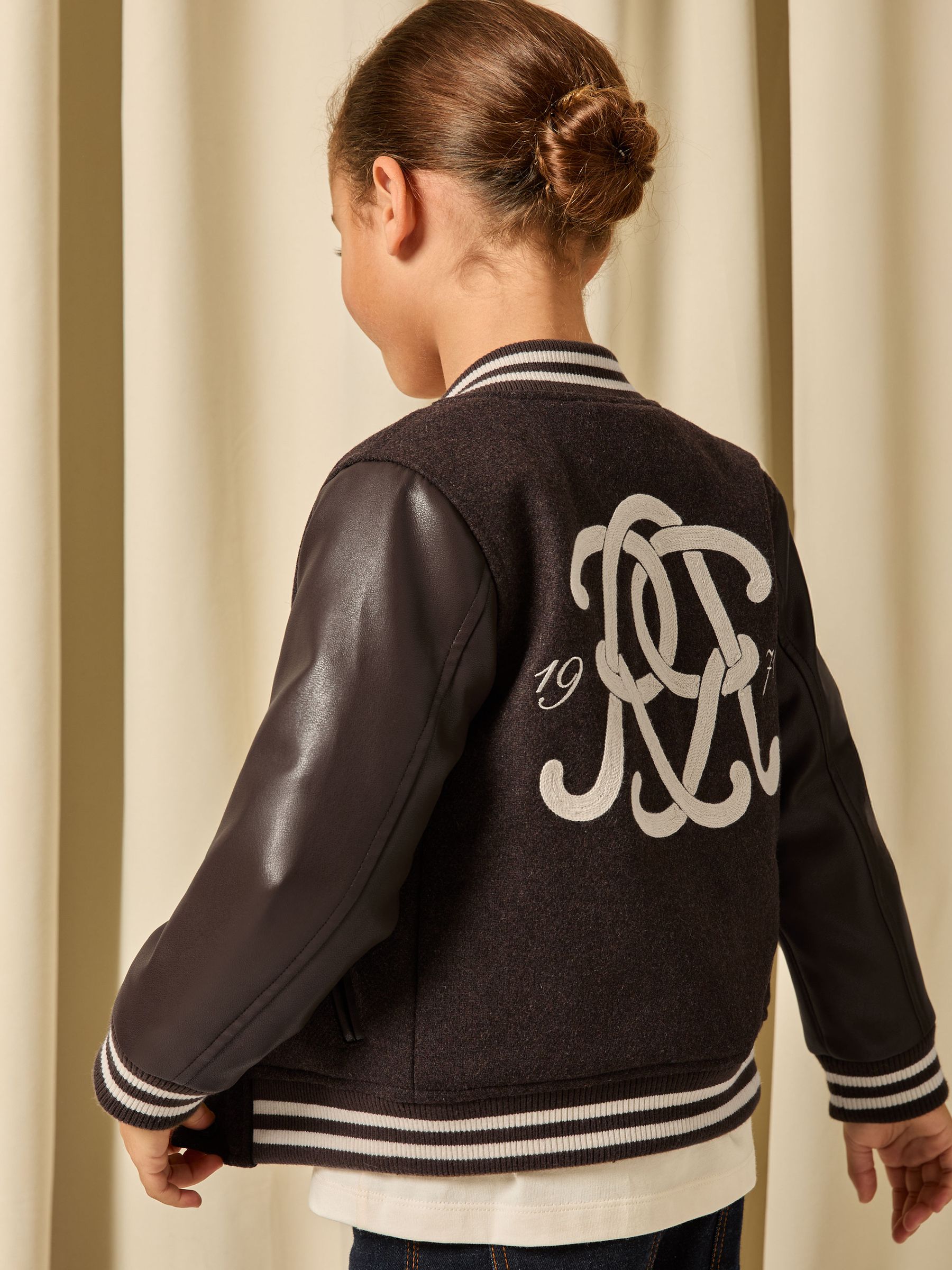 9-13 yrs Monogram Relaxed Varsity Jacket Unisex Fit in Brown/Off White - Image 5 of 8