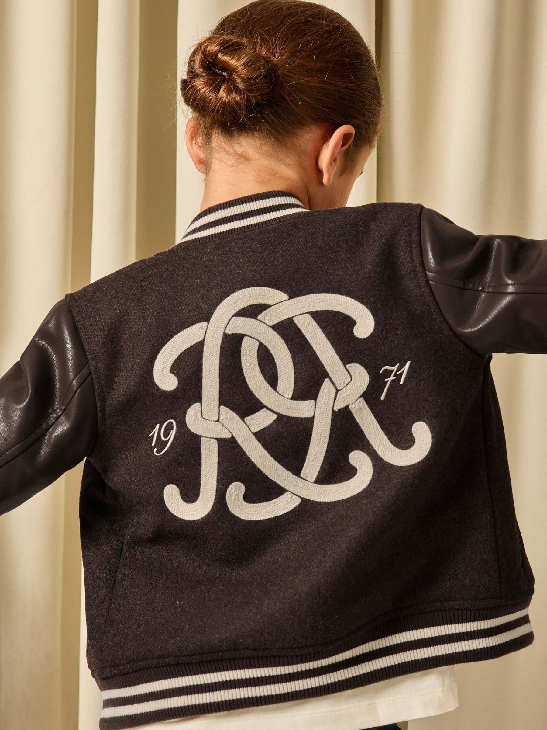 9-13 yrs Monogram Relaxed Varsity Jacket Unisex Fit in Brown/Off White - Image 6 of 8