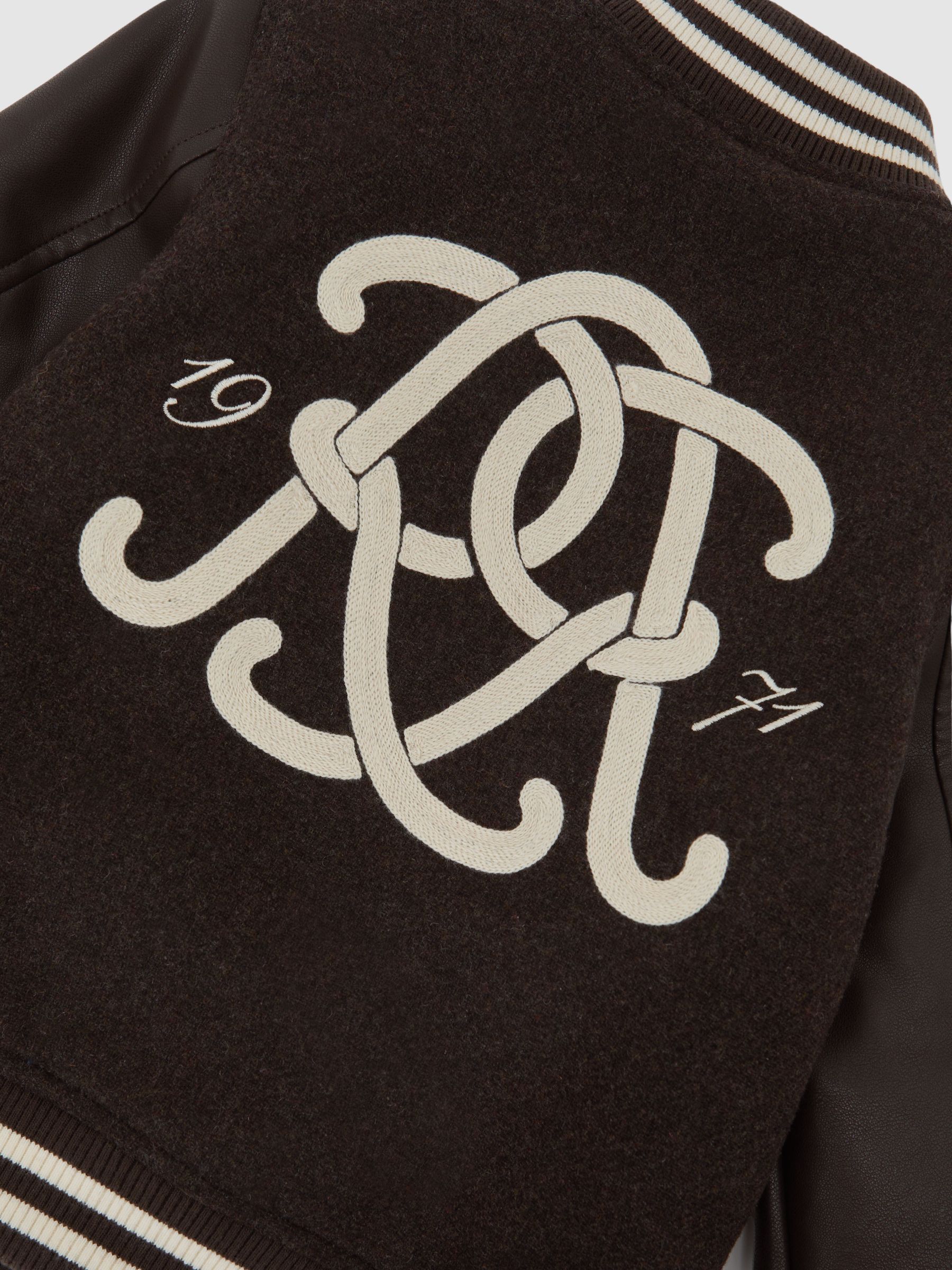 9-13 yrs Monogram Relaxed Varsity Jacket Unisex Fit in Brown/Off White - Image 8 of 8