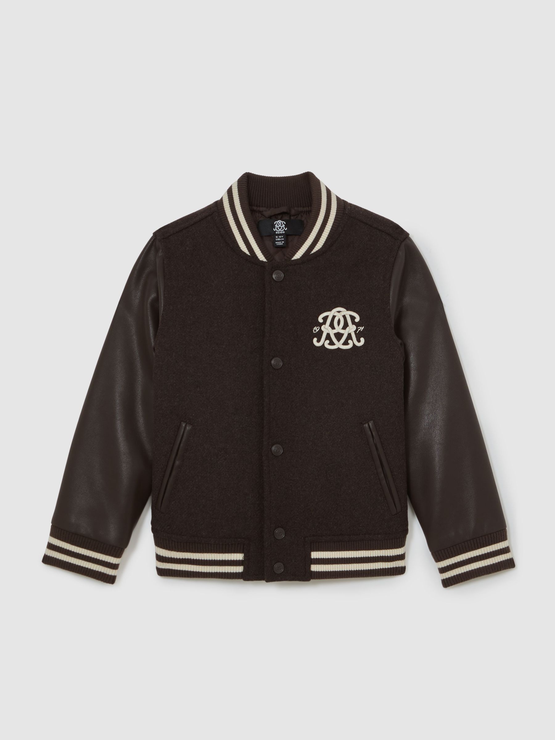 13-14 yrs Monogram Relaxed Varsity Jacket Unisex Fit in Brown/Off White - Image 1 of 8