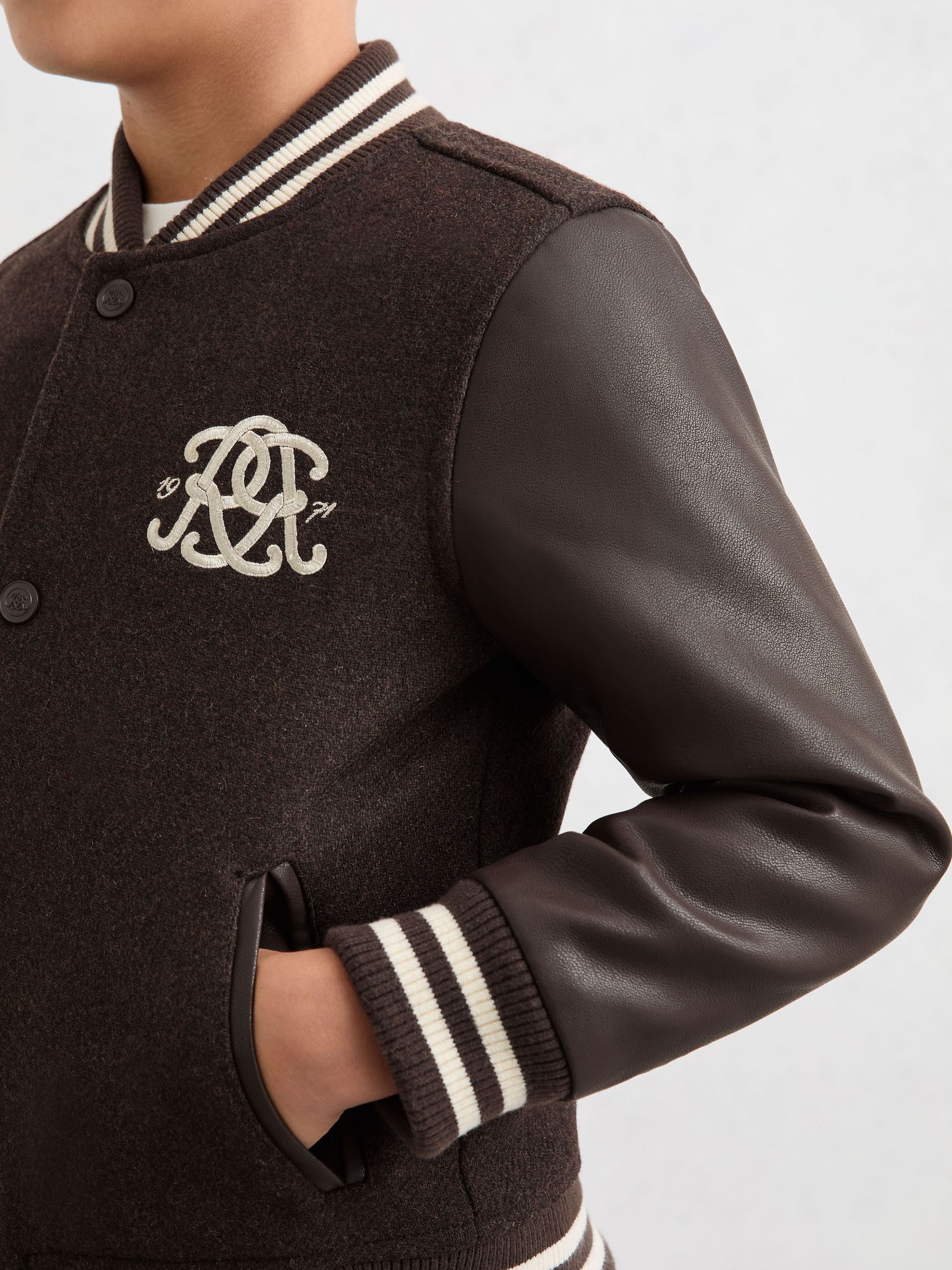 13-14 yrs Monogram Relaxed Varsity Jacket Unisex Fit in Brown/Off White - Image 7 of 8