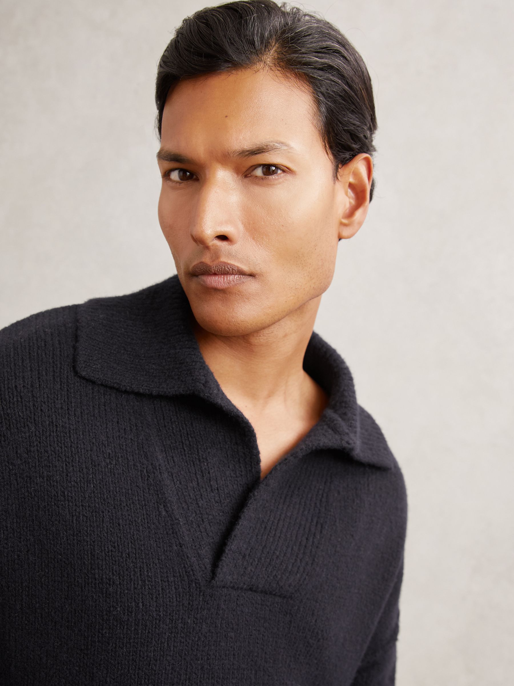 Wool-Blend Relaxed Open-Collar Jumper in Navy - Image 4 of 8