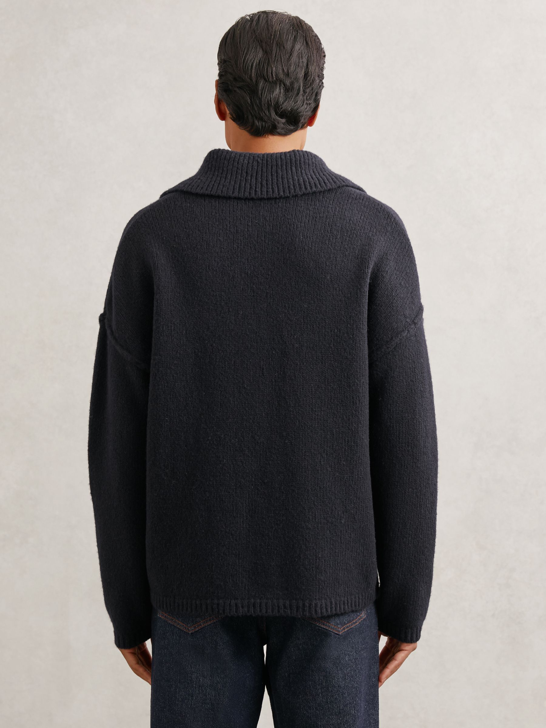 Wool-Blend Relaxed Open-Collar Jumper in Navy - Image 5 of 8